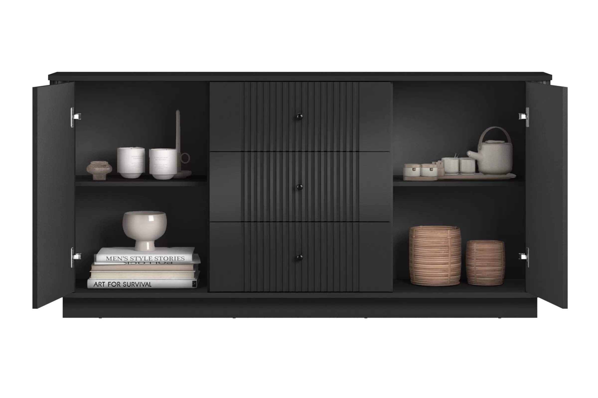 Komoda se zásuvkami Vesper 160 cm na soklu - černá / černé úchyty Komoda se zásuvkami Vesper 160 cm - černá / černá Úchytky