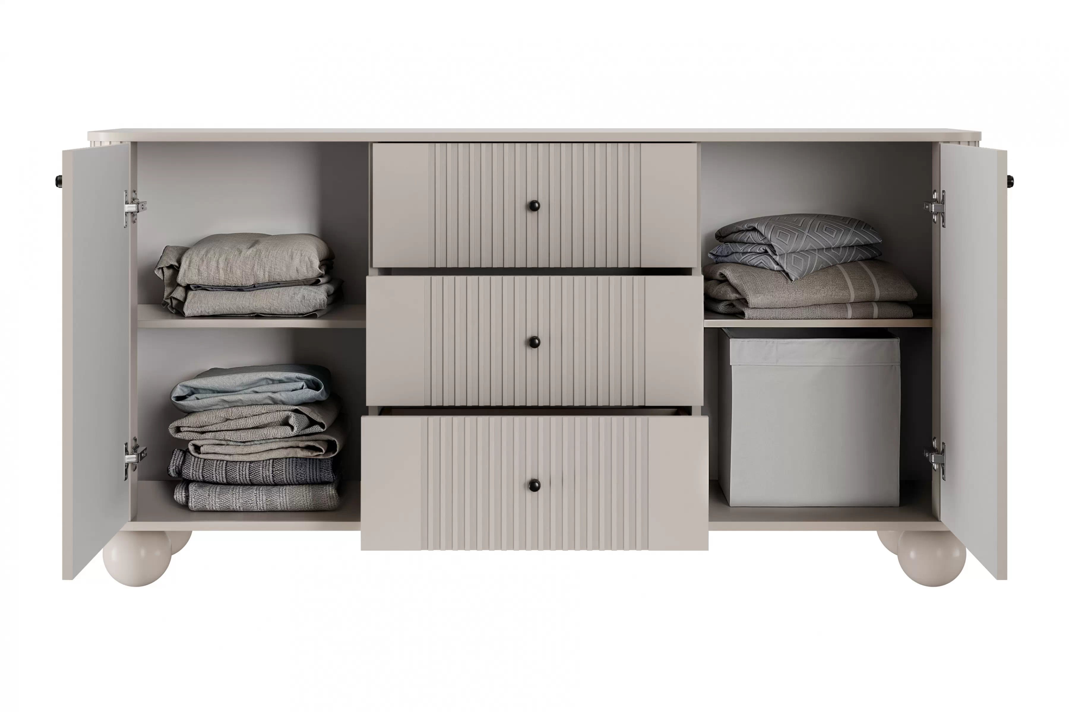 Komoda Vespera 160 cm so zásuvkami - kašmírová / čierna / kašmírové nohy Komoda so zásuvkami Vesper 160 cm - kašmír / čierny úchyty / nožičky kule