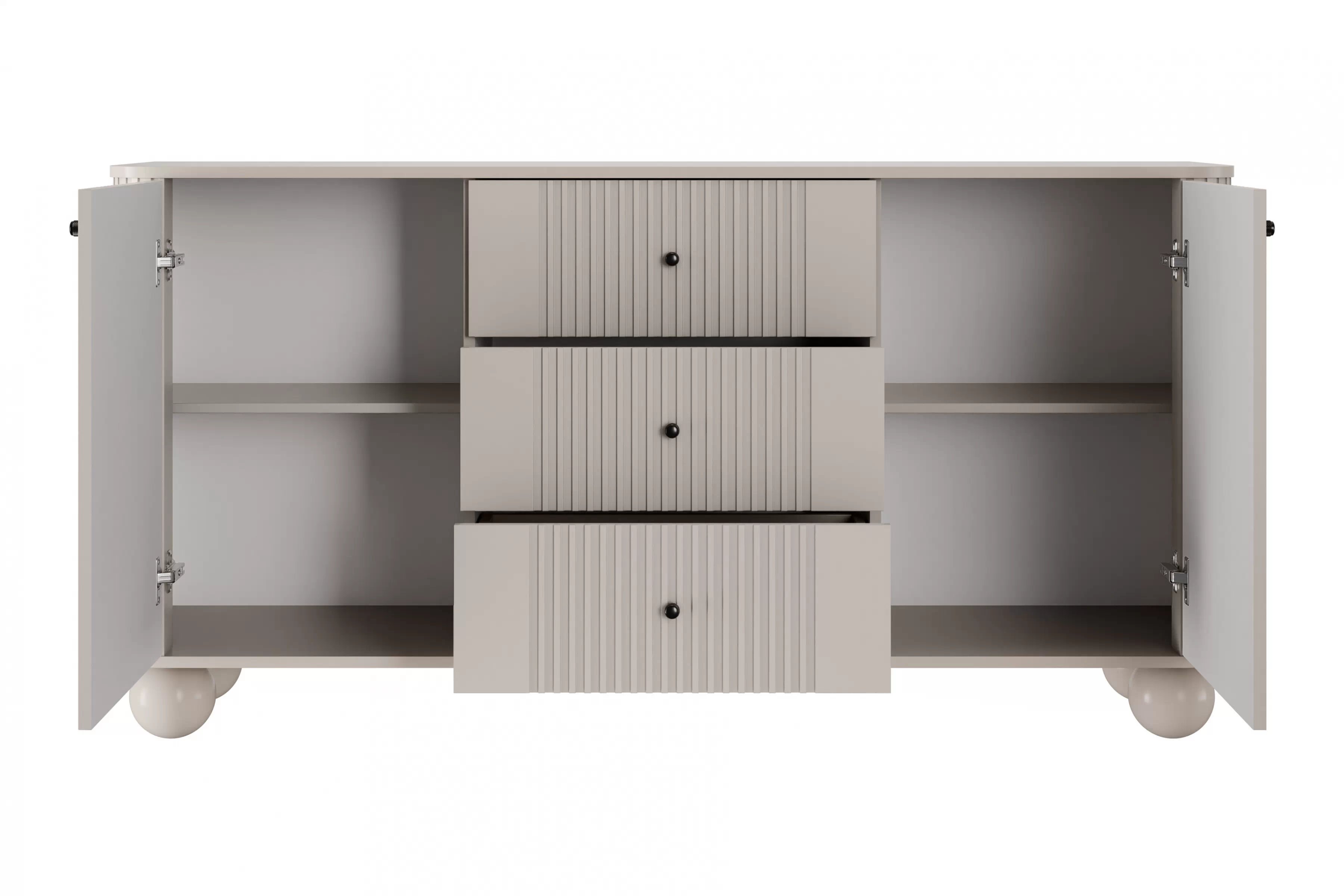 Komoda Vespera 160 cm so zásuvkami - kašmírová / čierna / kašmírové nohy Komoda so zásuvkami Vesper 160 cm - kašmír / čierny úchyty / nožičky kule