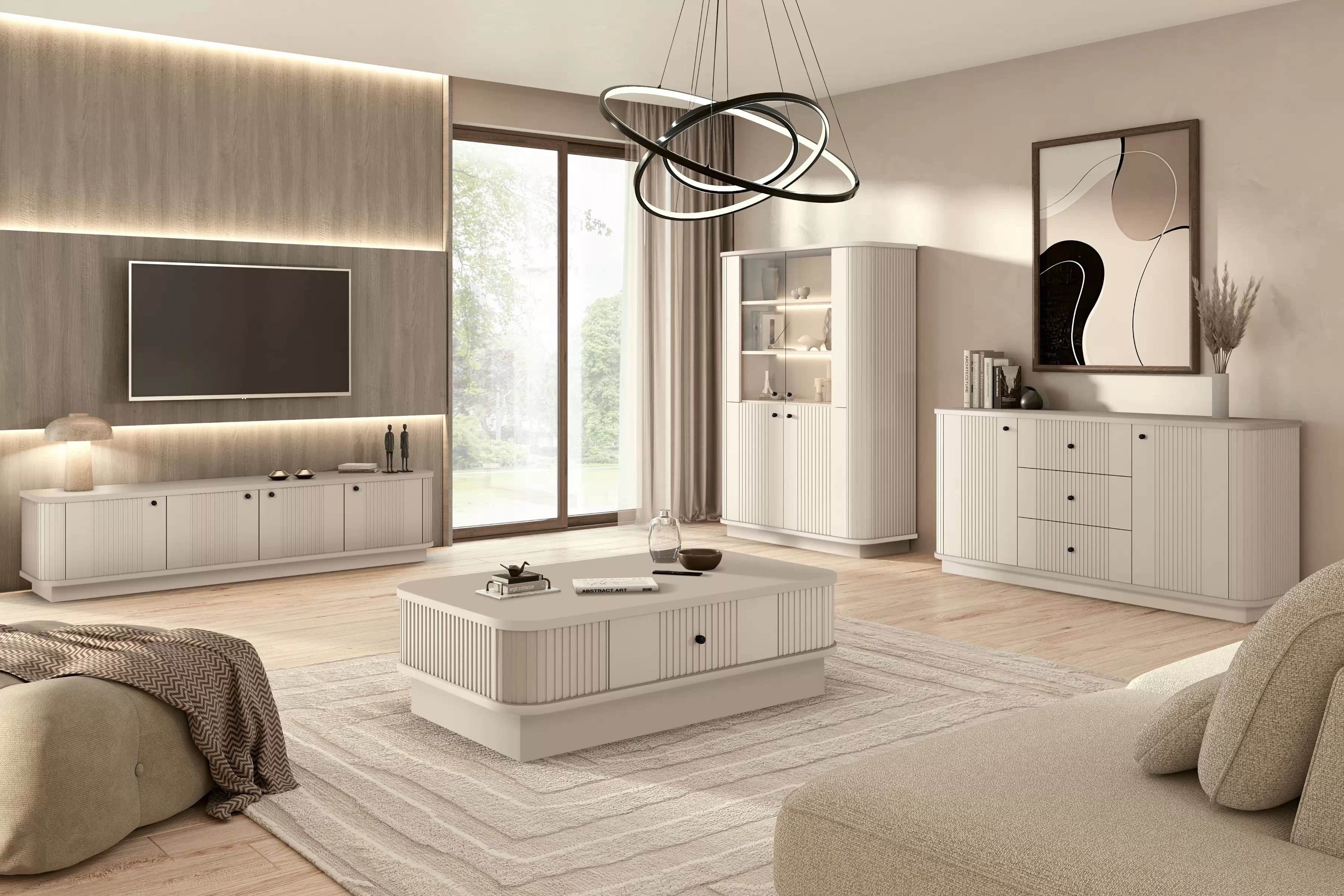 Komoda so zásuvkami Vesper 160 cm na sokli - kašmír / čierne úchytky Komoda so zásuvkami Vesper 160 cm - kašmír / čierny úchyty