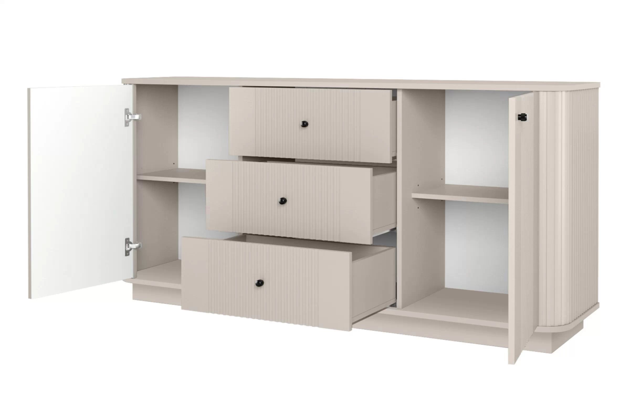 Komoda so zásuvkami Vesper 160 cm na sokli - kašmír / čierne úchytky Komoda so zásuvkami Vesper 160 cm - kašmír / čierny úchyty