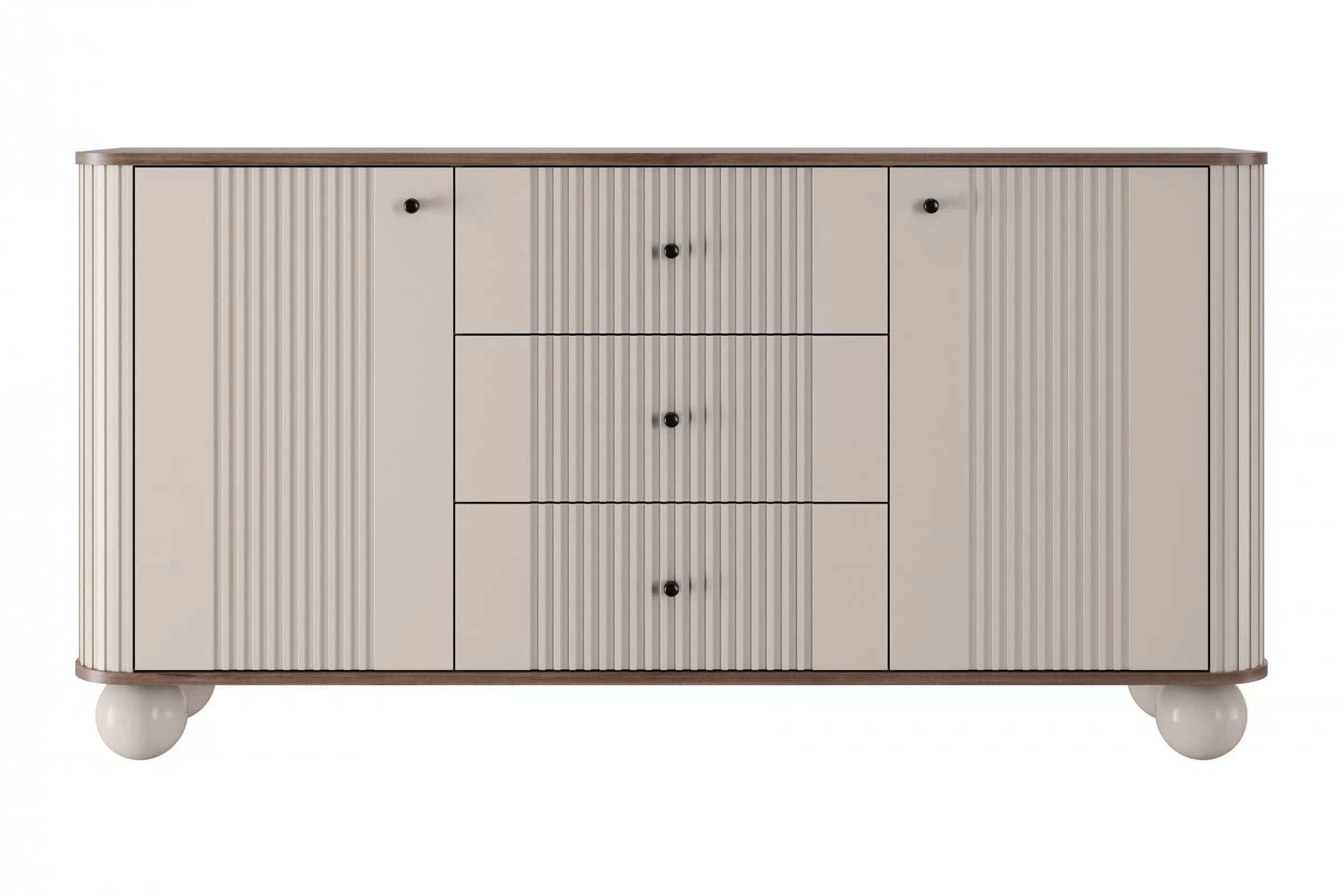 Komoda Versper 160 cm - kašmírová / dekor ořech / černé úchytky / kulaté nohy kašmír Komoda se zásuvkami Vesper 160 cm - kašmír / ořech / černá Úchytky / Nohy kule