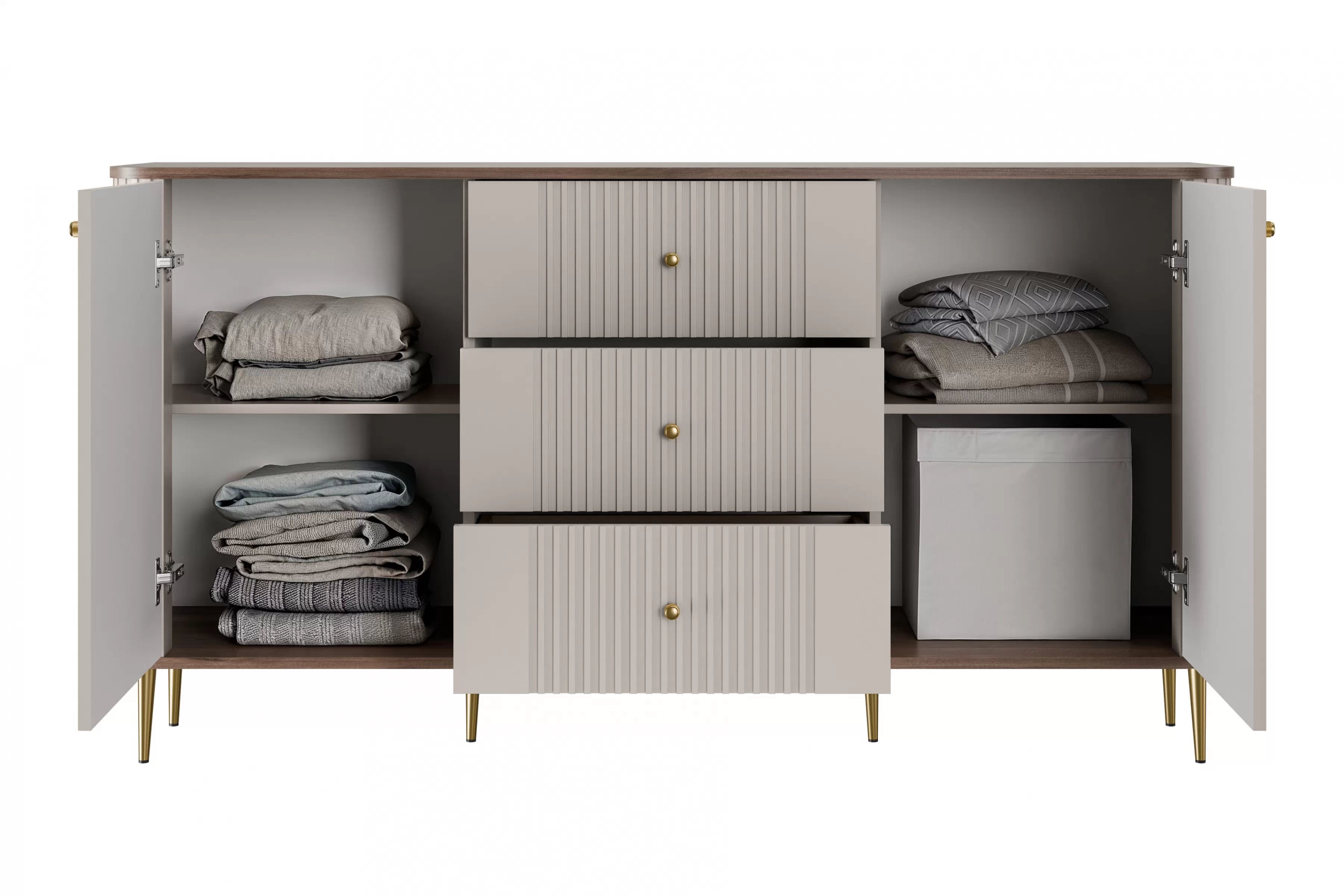 Komoda Vespera 160 cm so zásuvkami - kašmírová / orech / zlaté nožičky Komoda so zásuvkami Vesper 160 cm - kašmír / Orech / zlote nožičky