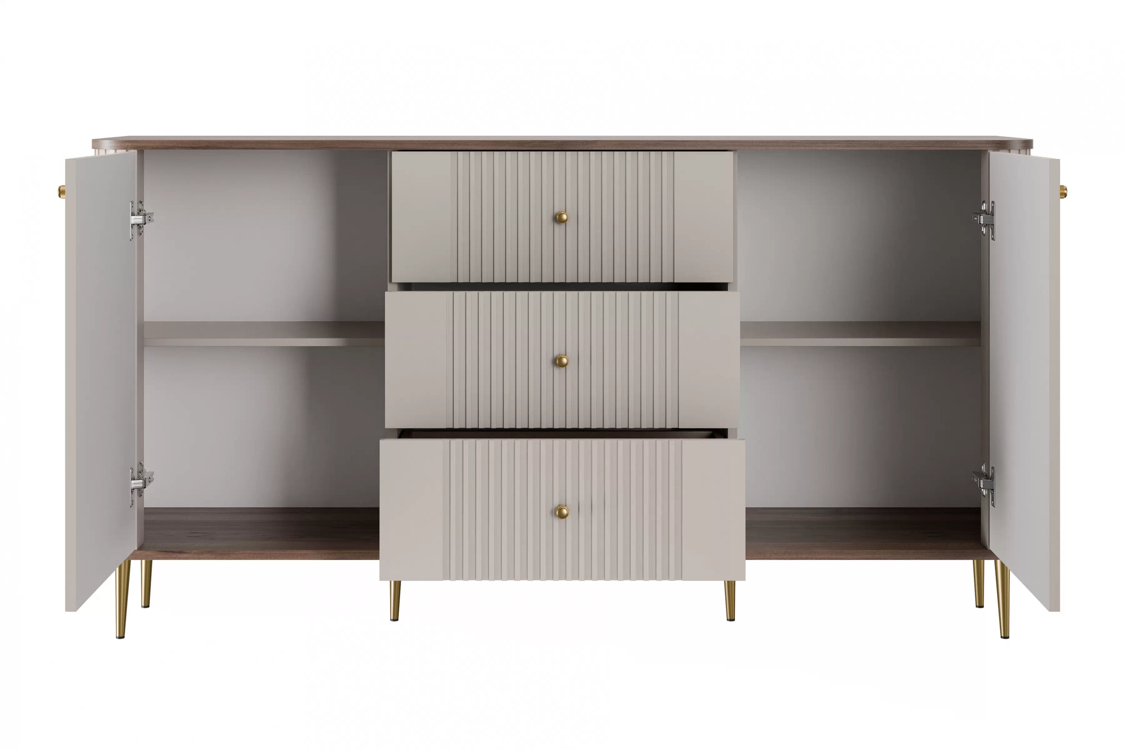 Komoda Vespera 160 cm so zásuvkami - kašmírová / orech / zlaté nožičky Komoda so zásuvkami Vesper 160 cm - kašmír / Orech / zlote nožičky