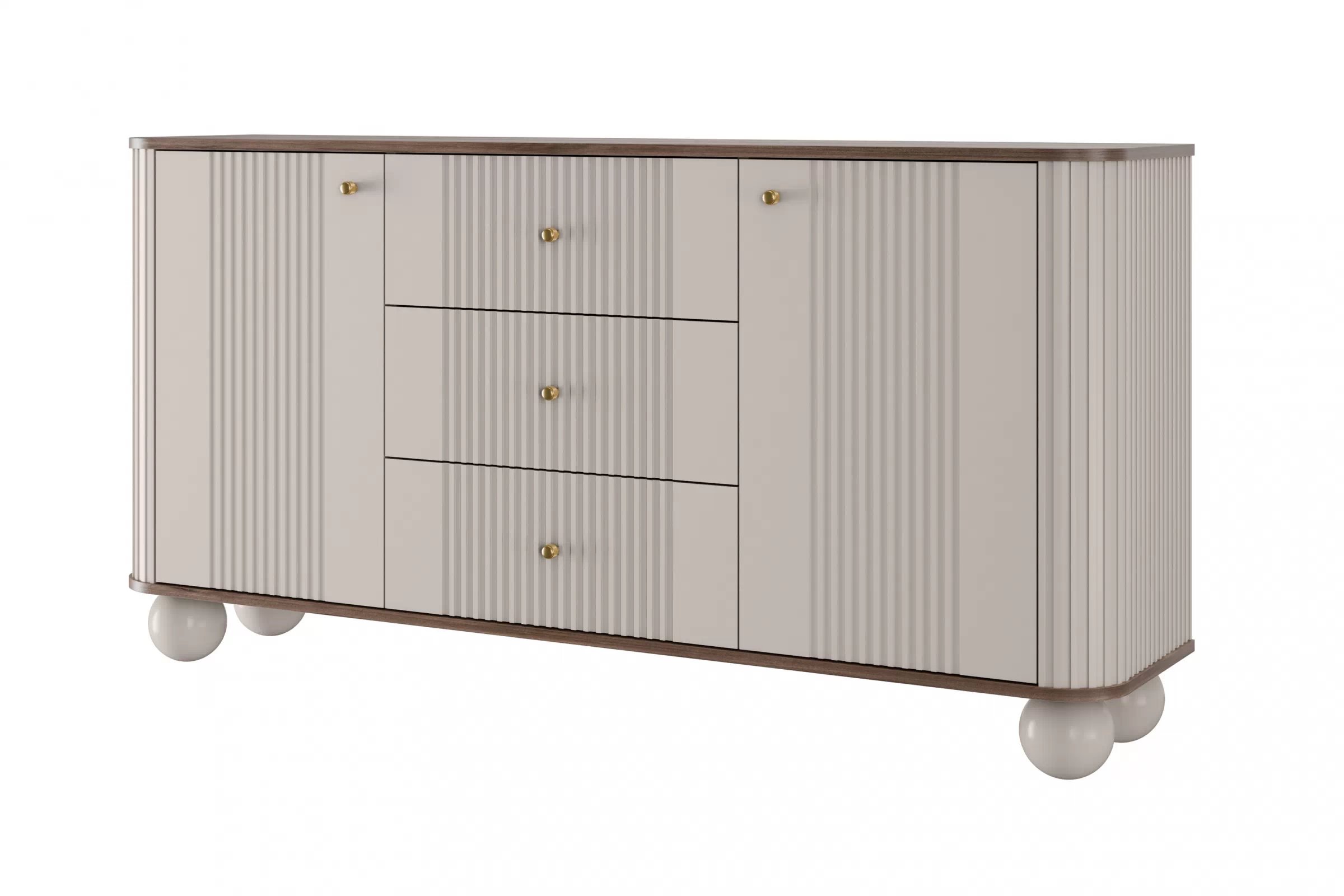 Komoda Vespera 160 cm so zásuvkami - kašmírová / orech / zlatá / kašmírové nohy Komoda so zásuvkami Vesper 160 cm - kašmír / Orech / zlote úchyty / nožičky kule