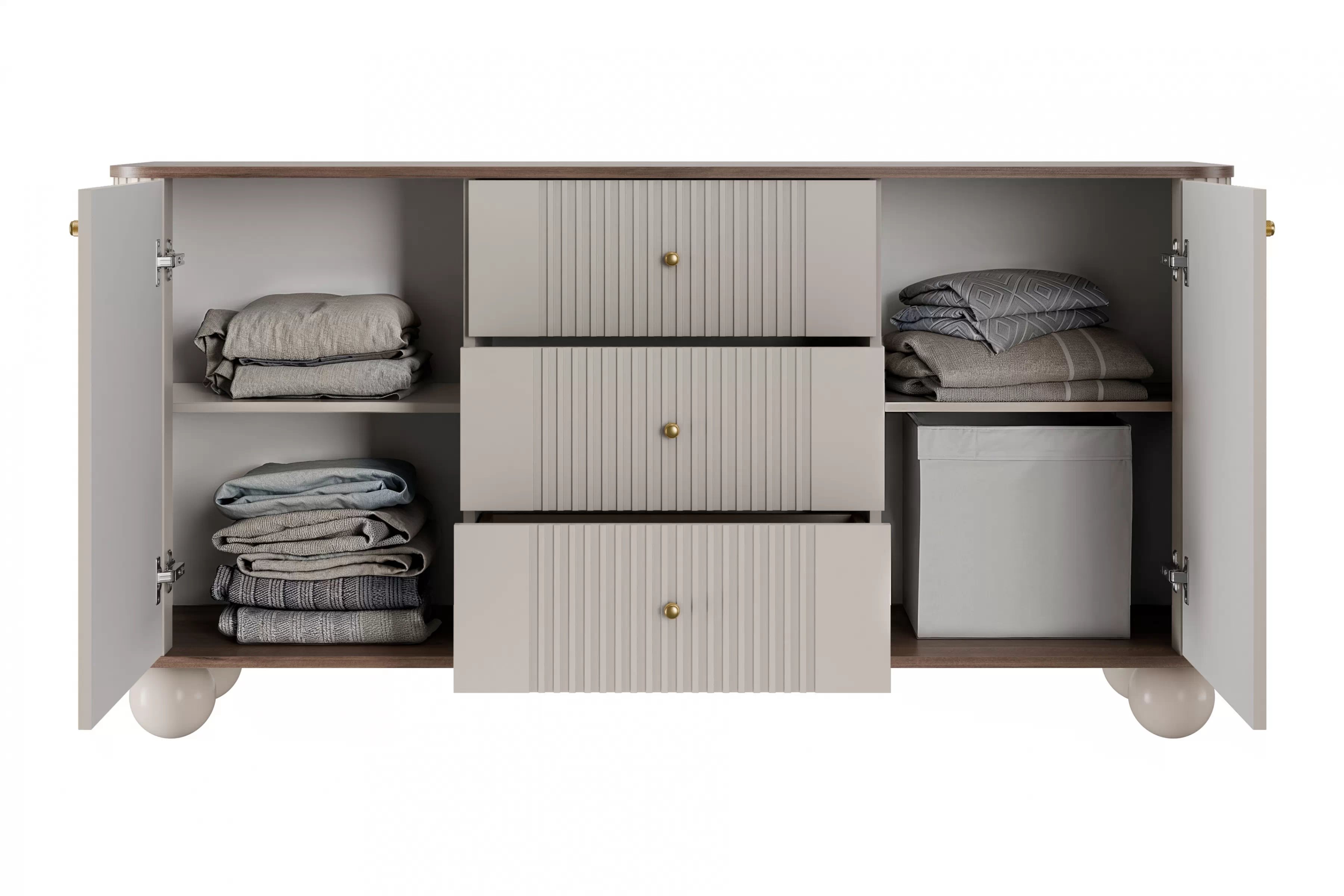 Komoda Vespera 160 cm so zásuvkami - kašmírová / orech / zlatá / kašmírové nohy Komoda so zásuvkami Vesper 160 cm - kašmír / Orech / zlote úchyty / nožičky kule