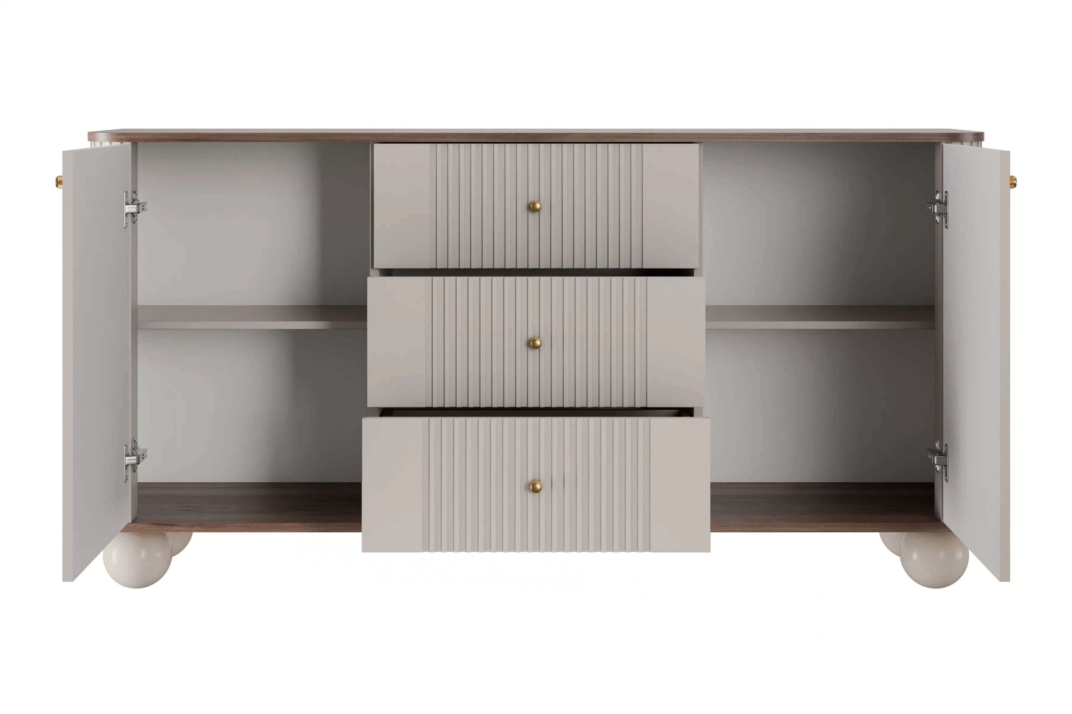 Komoda Vespera 160 cm so zásuvkami - kašmírová / orech / zlatá / kašmírové nohy Komoda so zásuvkami Vesper 160 cm - kašmír / Orech / zlote úchyty / nožičky kule