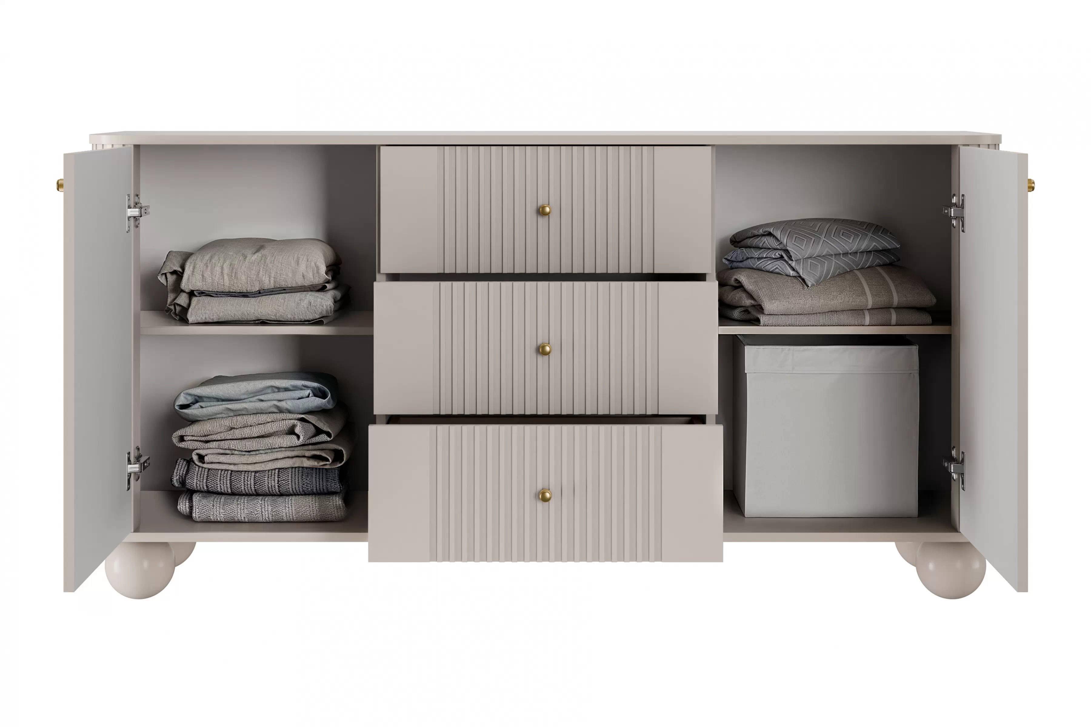 Komoda Vespera 160 cm so zásuvkami - kašmírová / zlatá / kašmírové nohy Komoda so zásuvkami Vesper 160 cm - kašmír / zlote úchyty / nožičky kule