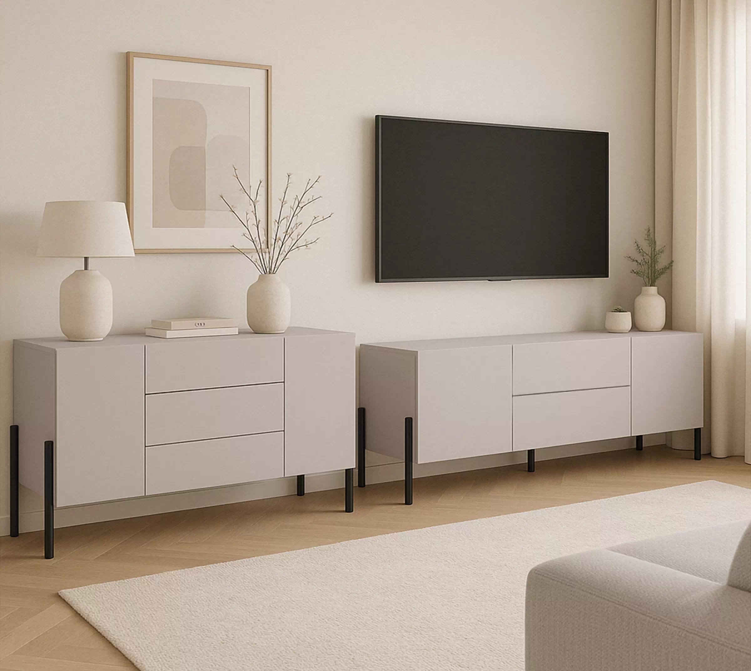 Komoda so zásuvkami Jukon 184 cm - kašmír / čierne nožičky Komoda so zásuvkami Wezilo 184 cm - kašmír / čierny nožičky