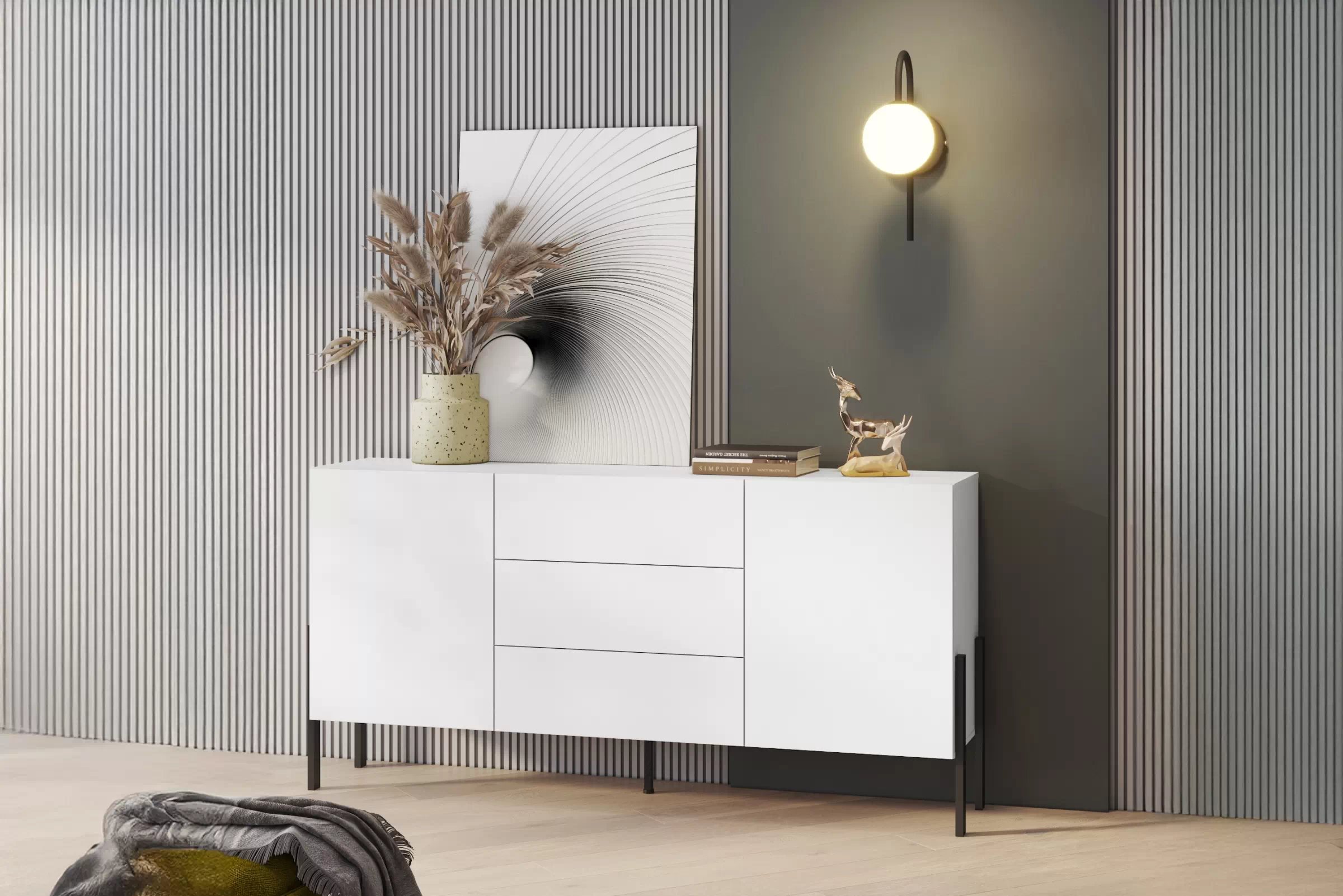 Komoda Jukon 184 cm se zásuvkami - bílý supermat / černé nohy Komoda se zásuvkami Wezilo 26 - 184 cm - bílá supermat