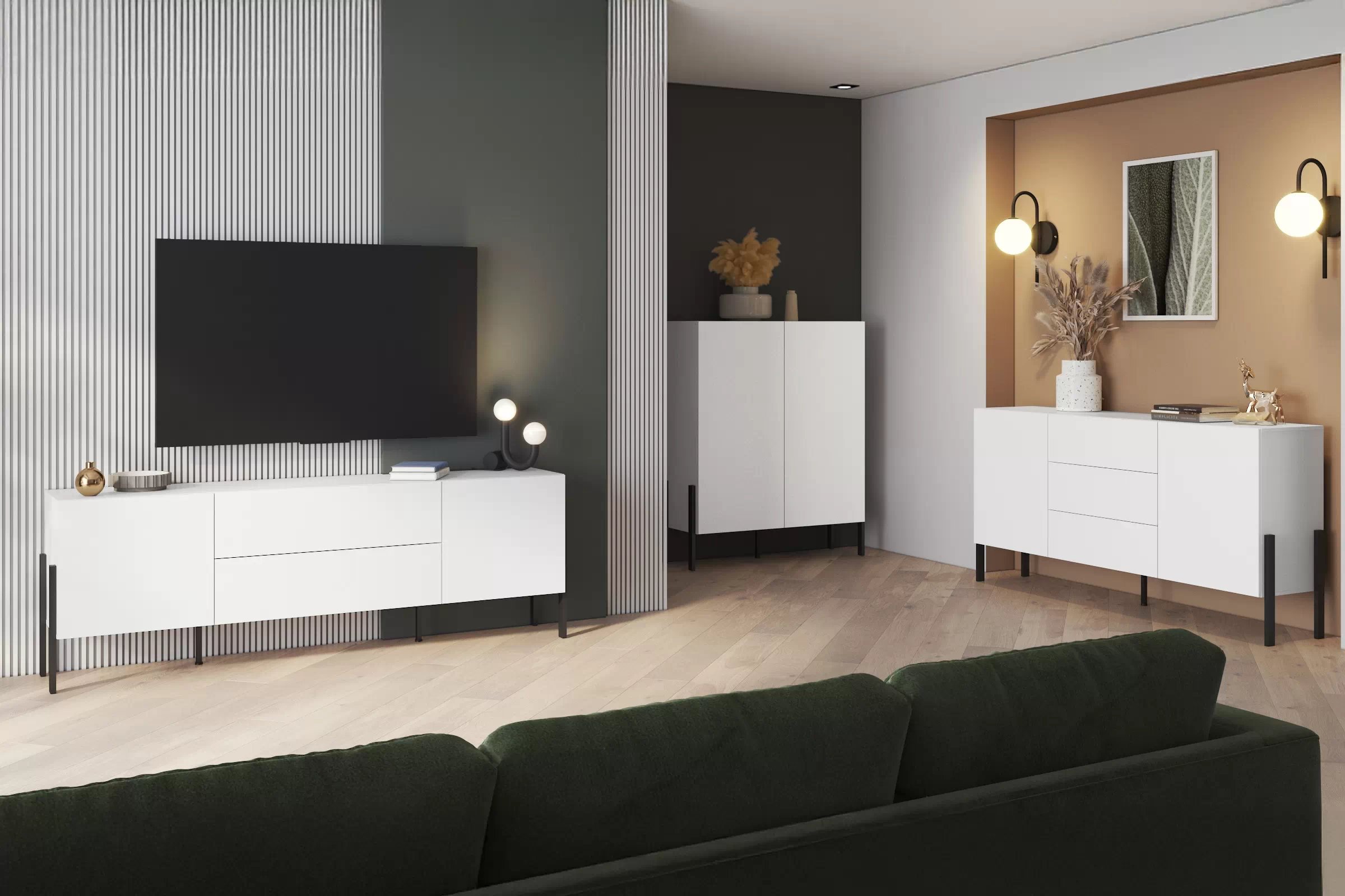 Komoda Jukon 184 cm se zásuvkami - bílý supermat / černé nohy Komoda se zásuvkami Wezilo 26 - 184 cm - bílá supermat