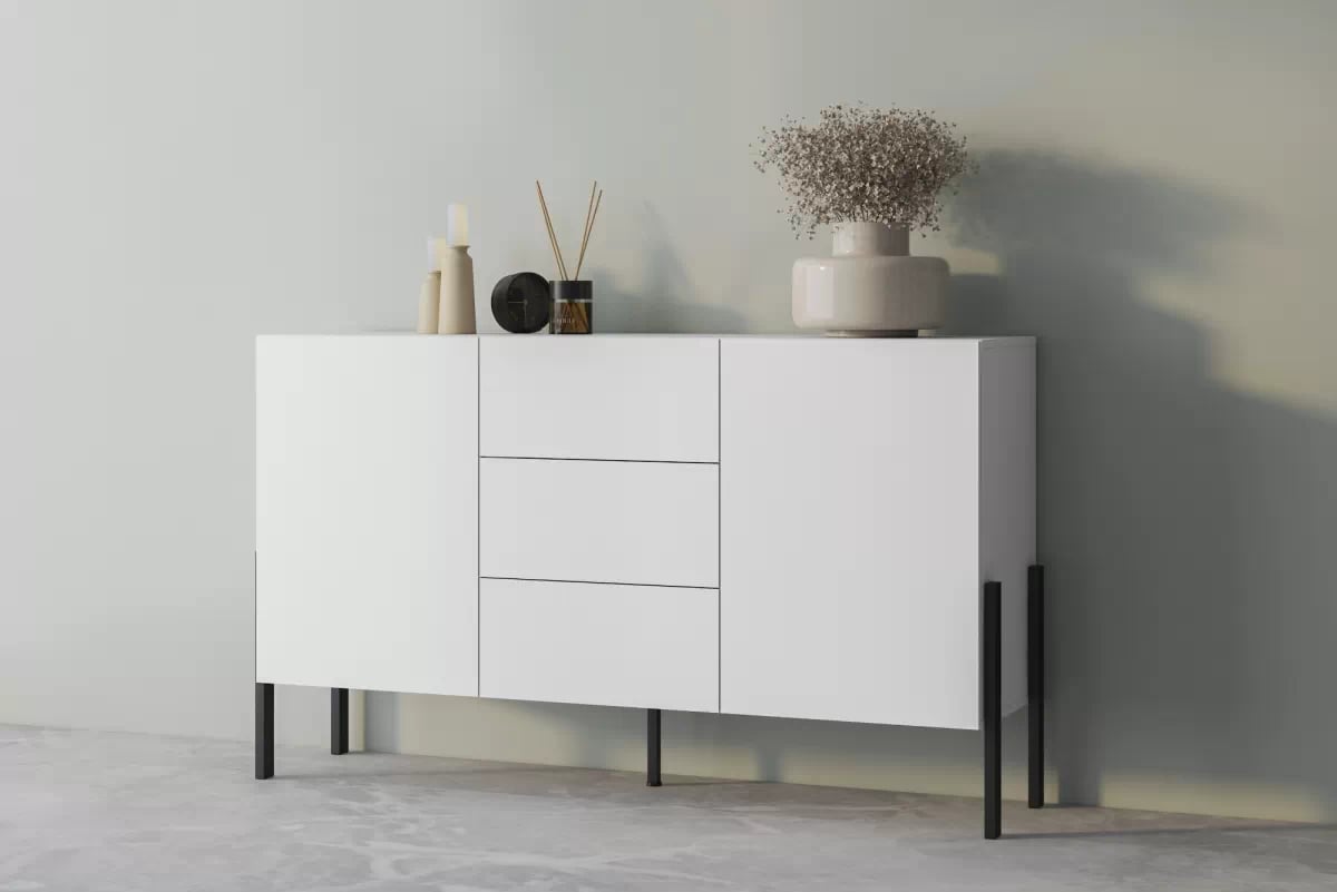 Komoda so zásuvkami Jukon 154 cm - biely supermat / čierne nožičky Komoda so zásuvkami Wezilo 43 - 154 cm - Biely supermat