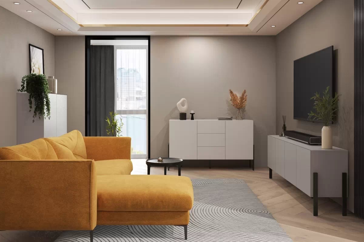 Komoda Jukon 154 cm se zásuvkami - kašmír / černé nohy Komoda se zásuvkami Wezilo 43 - 154 cm - kašmír / černé nožičky