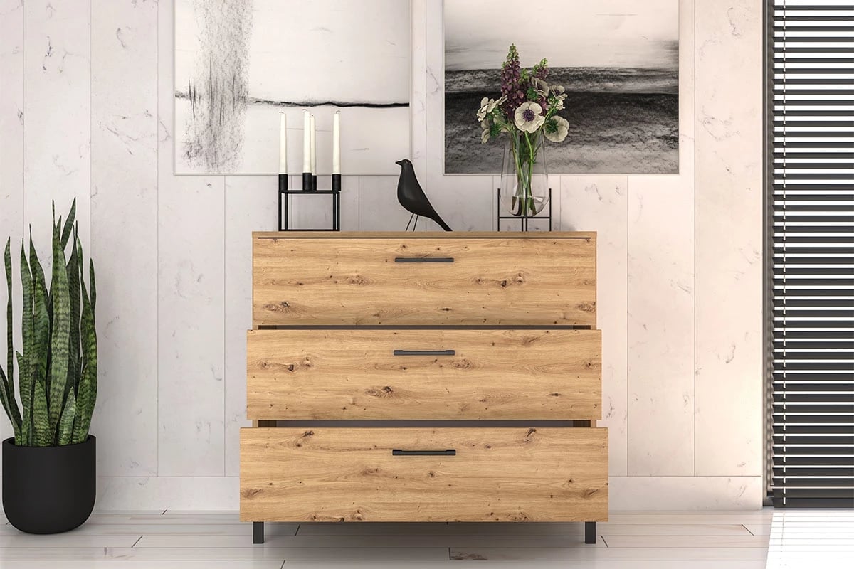 Komoda Klarso 09 so zásuvkami 92 cm - Dub artisan Komoda na czarnych nogach