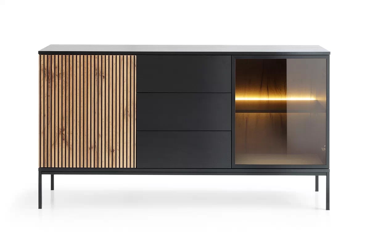 Komoda Bogalo s LED osvetlením 154 cm - čierna / dub wotan Komoda so zásuvkami i oswietleniem LED Bogalo - Čierny / Dub wotan - Predná časť