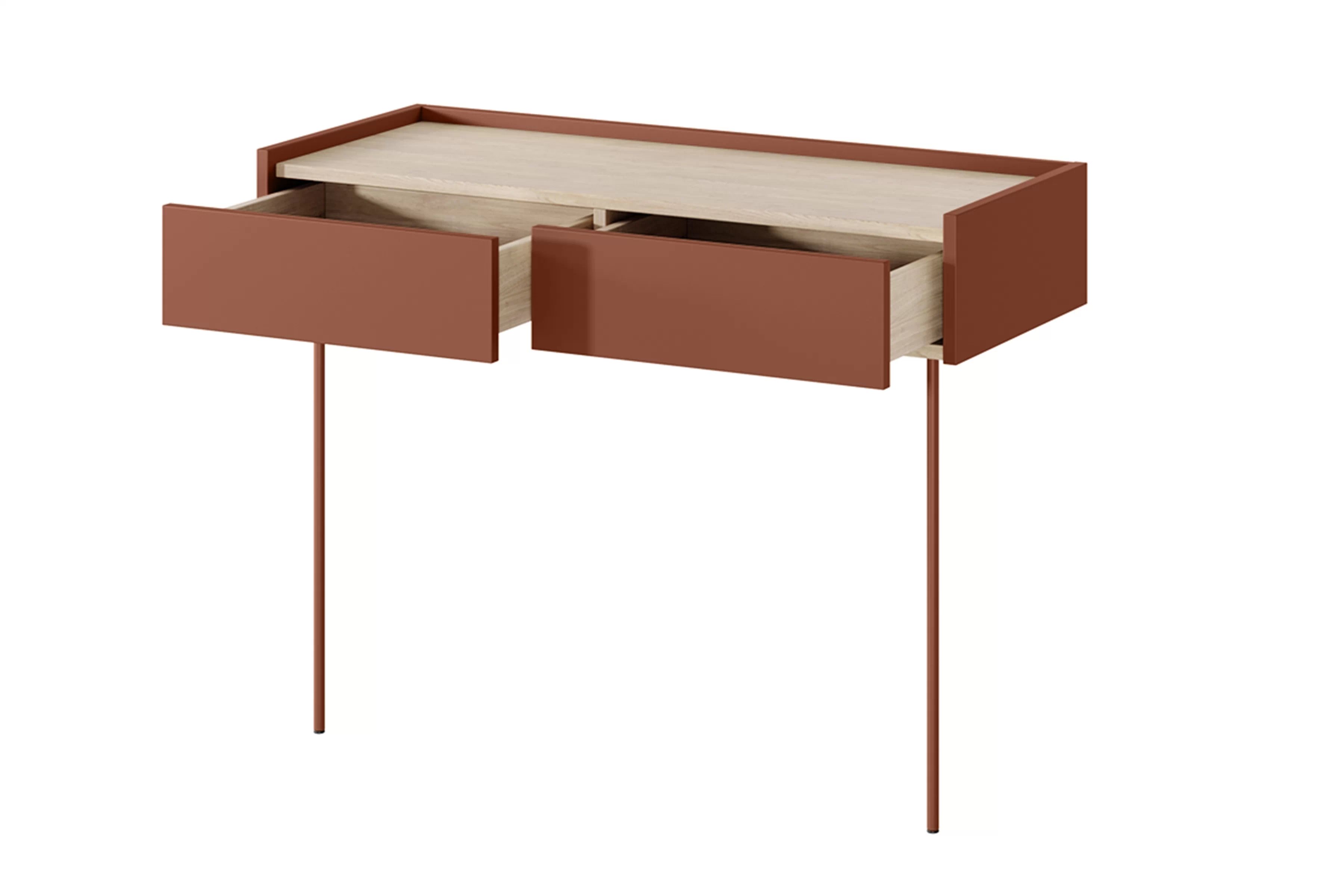 Toaletní stolek Desin 100 cm se zásuvkami a kovovými nohami - olivová / dub nagano - keramická červená / dub nagano konzole / Toaletní stolek Desin se zásuvkami i metalowymi nogami 100 cm - ceramic red / dub nagano
