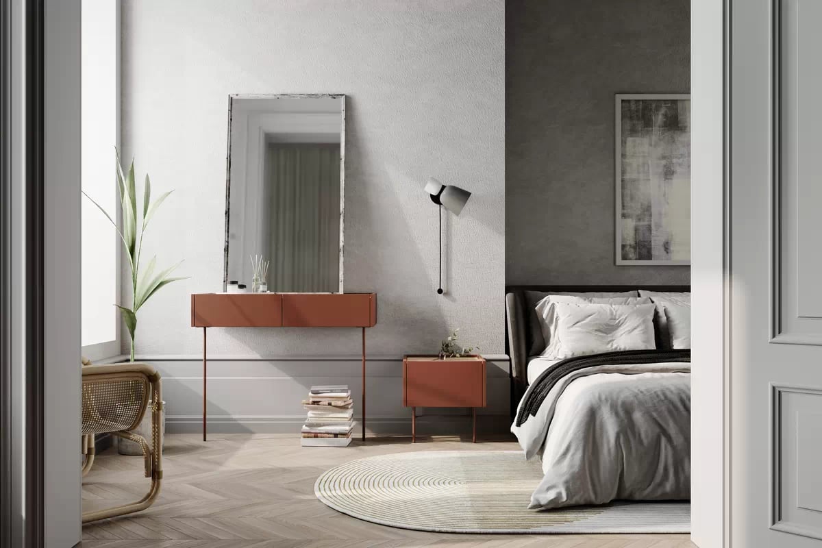 Toaletní stolek Desin 100 cm se zásuvkami a kovovými nohami - olivová / dub nagano - keramická červená / dub nagano konzole / Toaletní stolek Desin se zásuvkami i metalowymi nogami 100 cm - Červený / ceramic red / dub nagano