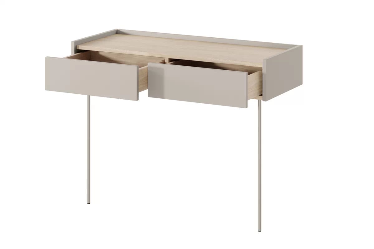 Toaletný stolík Desin 100 cm so zásuvkami a kovovými nohami - kašmír / dub nagano Konzolový stolík / Toaletný Stolík Desin so zásuvkami i metalowymi nogami 100 cm - kašmír / Dub nagano