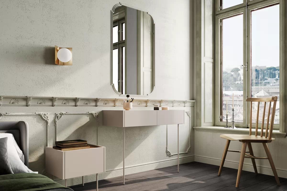 Toaletný stolík Desin 100 cm so zásuvkami a kovovými nohami - kašmír / dub nagano Konzolový stolík / Toaletný Stolík Desin so zásuvkami i metalowymi nogami 100 cm - kašmír / Dub nagano