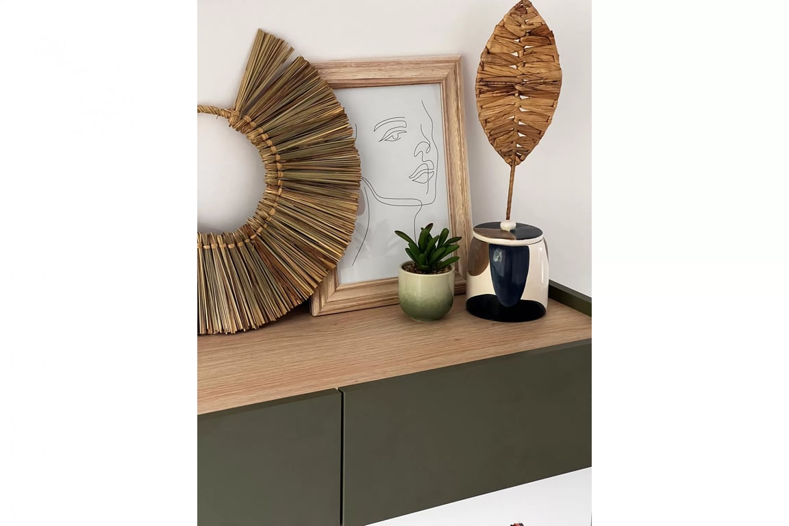 Consolă / masă de toaletă modernăcu două sertare Desin 2S - olive / Stejar nagano Konsola / toaletka Desin cu sertare cu picioare metalice 100 cm - olive / stejar nagano