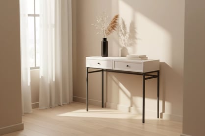 Konzolový stolík Lorini 100 cm so zásuvkami - kašmír, čierne úchytky, kovová konštrukcia Konzolový Stolík Lorini 100 cm so zásuvkami - kašmír / čierny úchyty / Rošt