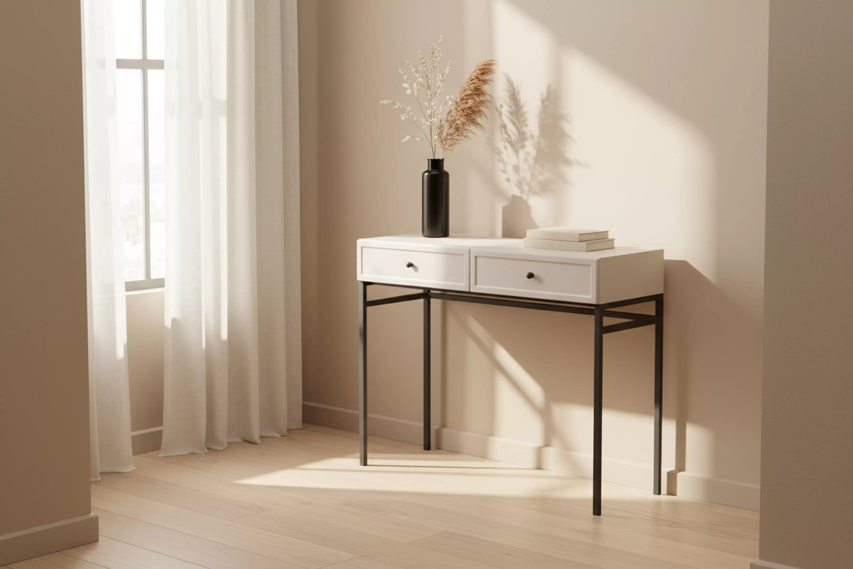 Konzolový stolík Lorini 100 cm so zásuvkami - kašmír, čierne úchytky, kovová konštrukcia Konzolový Stolík Lorini 100 cm so zásuvkami - kašmír / čierny úchyty / Rošt