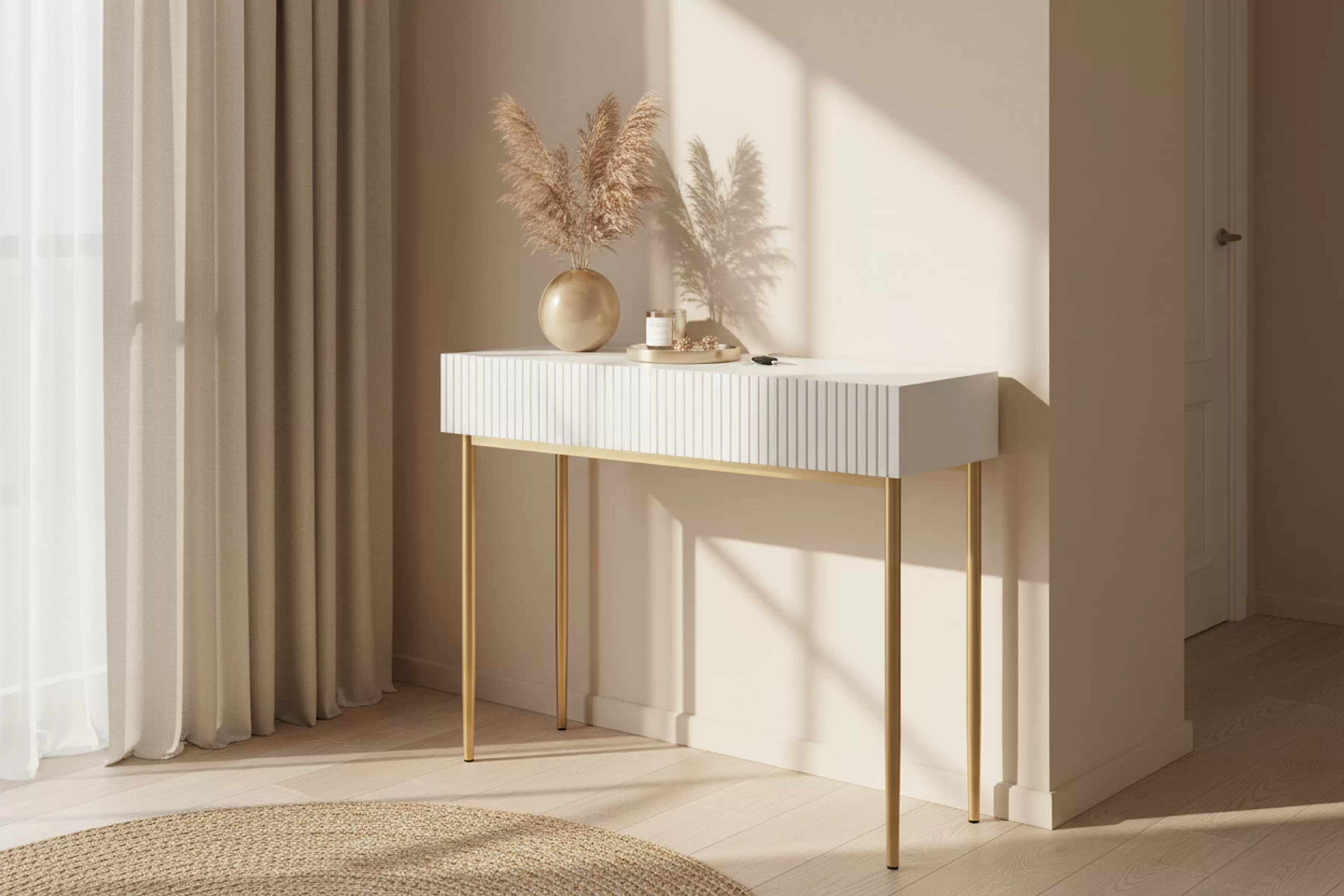 Konzolový stolík Nicole 100 cm so zásuvkami - biely mat / zlatá Konzolový Stolík Nicole 100 cm so zásuvkami - biely mat / zlote nozki
