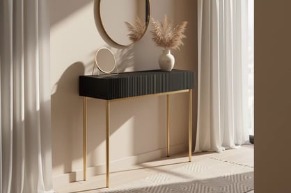 Konzolový stolík Nicole 100 cm so zásuvkami - čierny mat / zlatá Konzolový Stolík Nicole 100 cm so zásuvkami - Čierny mat / zlote nozki