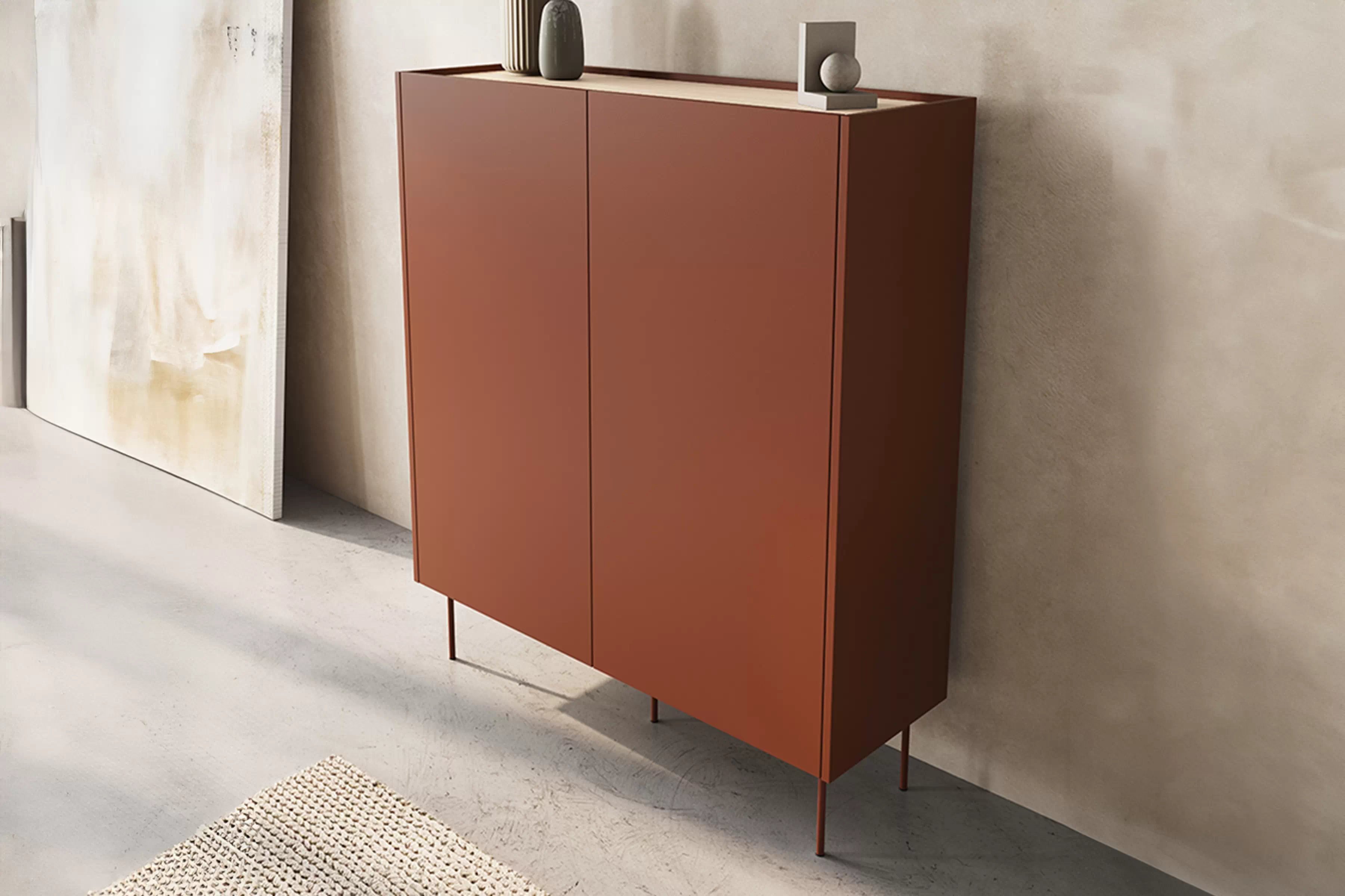 Vysoká komoda Desin 120 cm se skrytými zásuvkami - ceramic red / dub nagano Kredenc Desin 120 cm z ukrytymi zásuvkami i metalowymi nogami - ceramic red / dub nagano