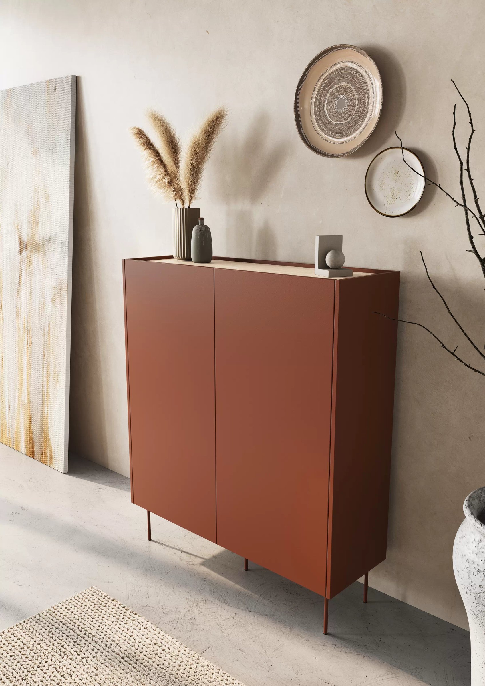 Vysoká komoda Desin 120 cm se skrytými zásuvkami - ceramic red / dub nagano Kredenc Desin z ukrytymi zásuvkami i metalowymi nogami 120 cm - ceramic red / dub nagano