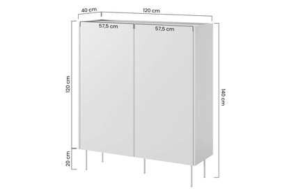 Desin 120 cm szekrény két ajtóval és két fiókkal - kerámia vörös / nagano-tölgy kredenc Desin z ukrytymi fiokok i metalowymi nogami 120 cm - kerámia vörös / dab nagano