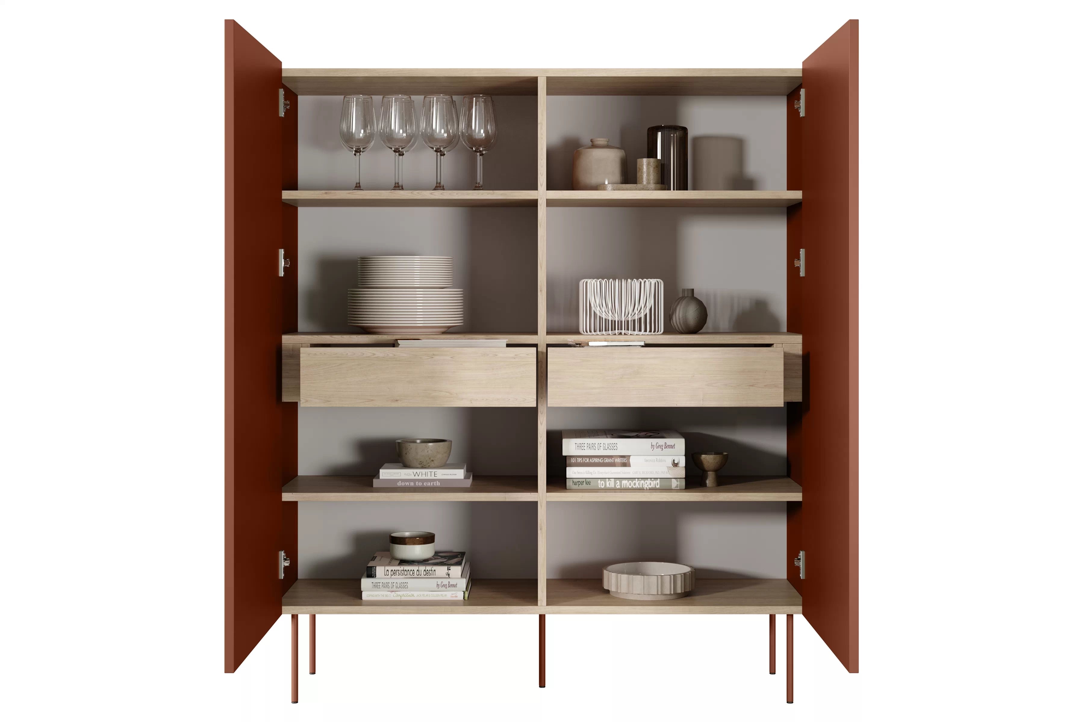 Vysoká komoda Desin 120 cm se skrytými zásuvkami - ceramic red / dub nagano Kredenc Desin z ukrytymi zásuvkami i metalowymi nogami 120 cm - ceramic red / dub nagano