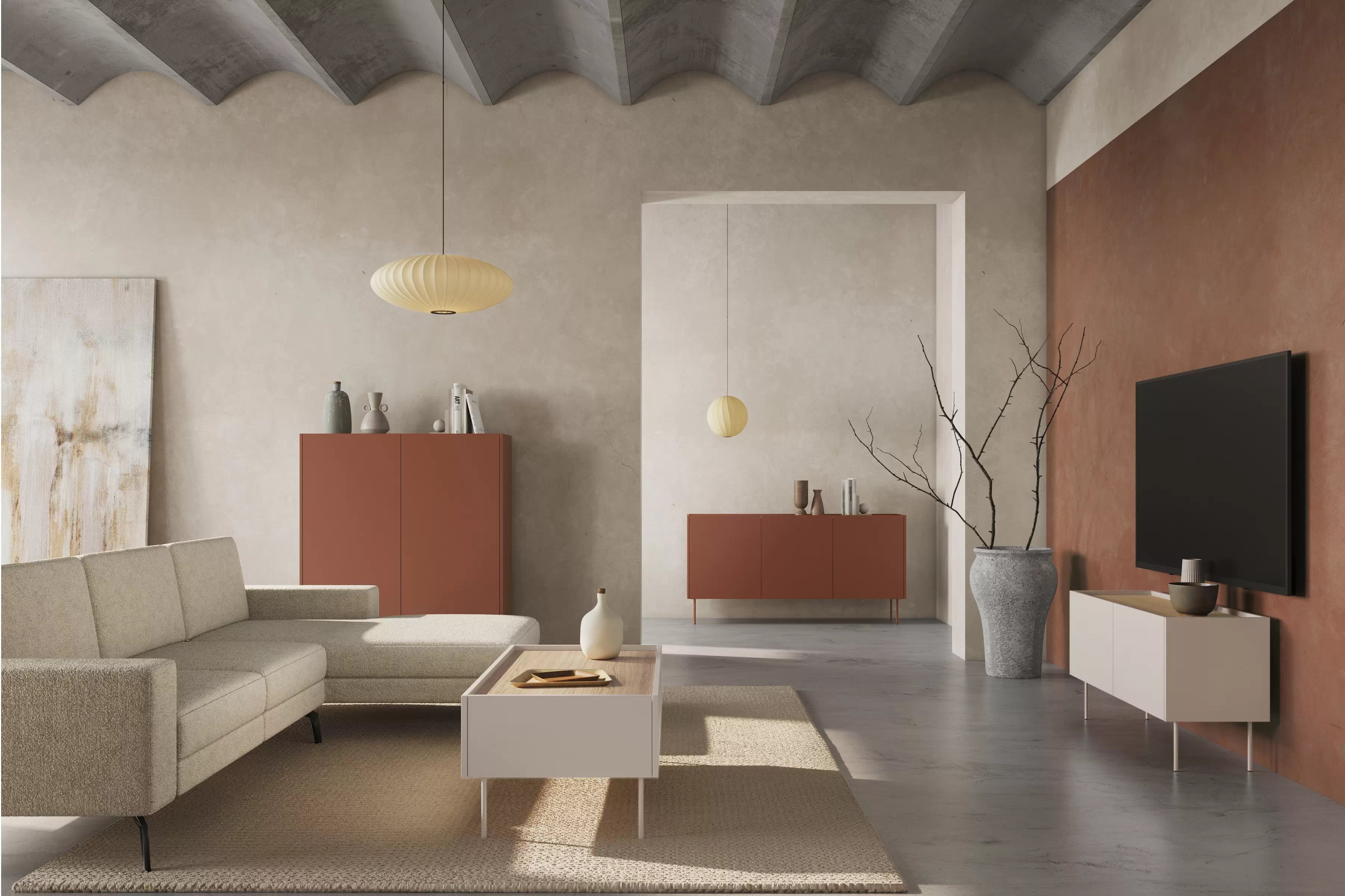 Vysoká komoda Desin 120 cm se skrytými zásuvkami - ceramic red / dub nagano Kredenc Desin z ukrytymi zásuvkami i metalowymi nogami 120 cm - ceramic red / dub nagano