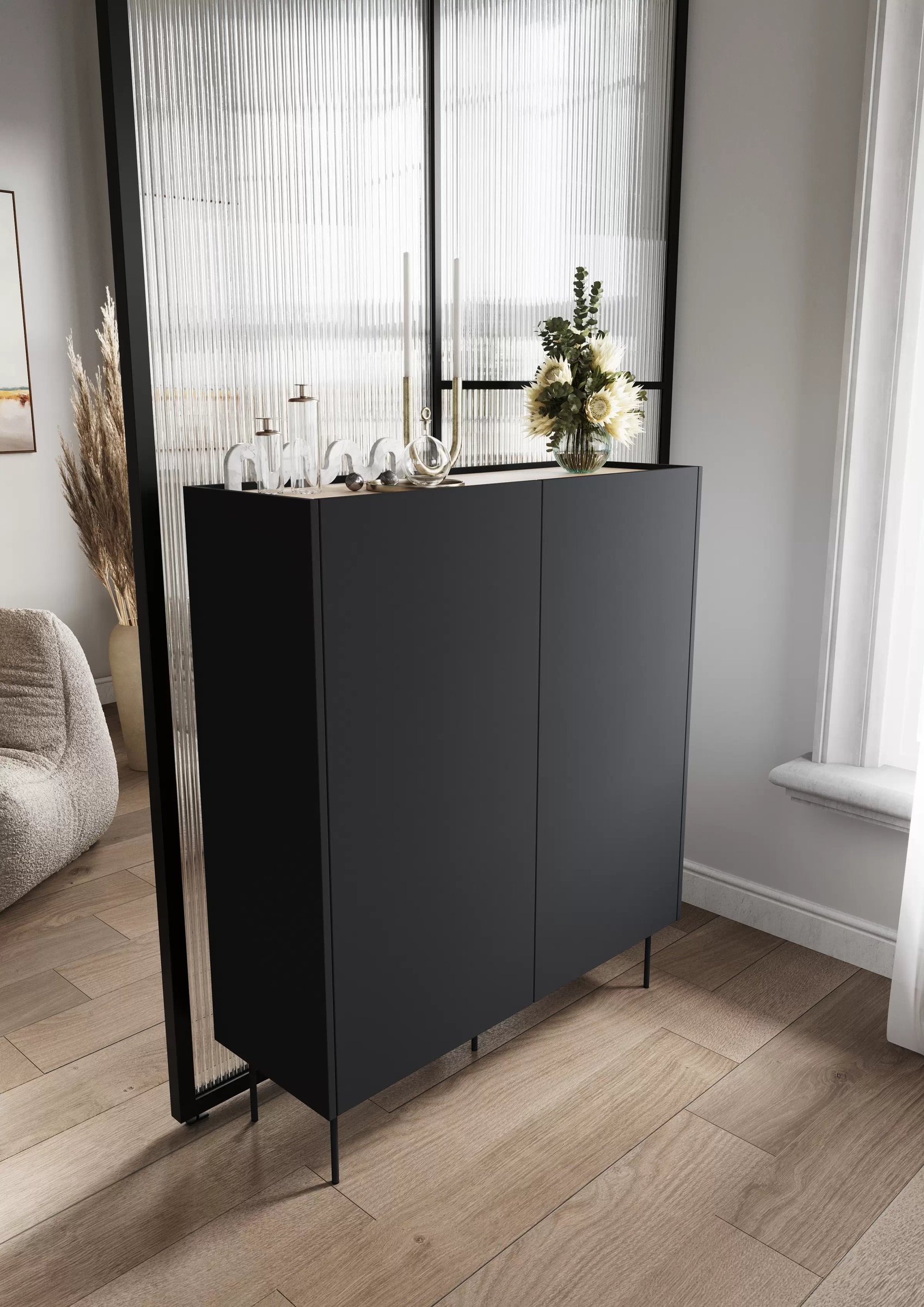 Vysoká komoda Desin 120 cm s 2 skrytými zásuvkami – čierny mat / dub nagano Komoda Desin z ukrytymi zásuvkami i metalowymi nogami 120 cm - Čierny mat / Dub nagano