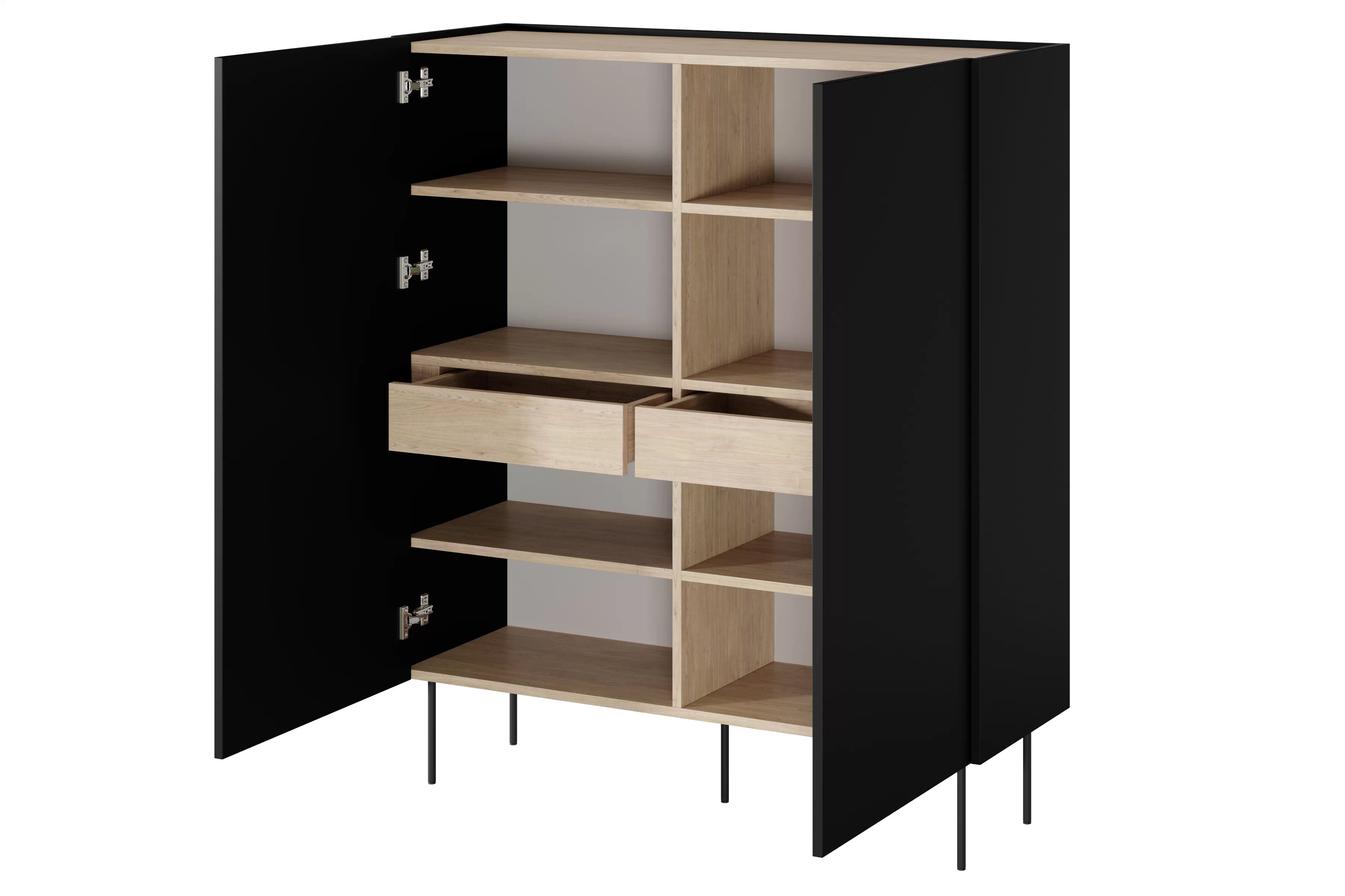 Vysoká komoda Desin 120 cm s 2 skrytými zásuvkami – čierny mat / dub nagano Komoda Desin z ukrytymi zásuvkami i metalowymi nogami 120 cm - Čierny mat / Dub nagano