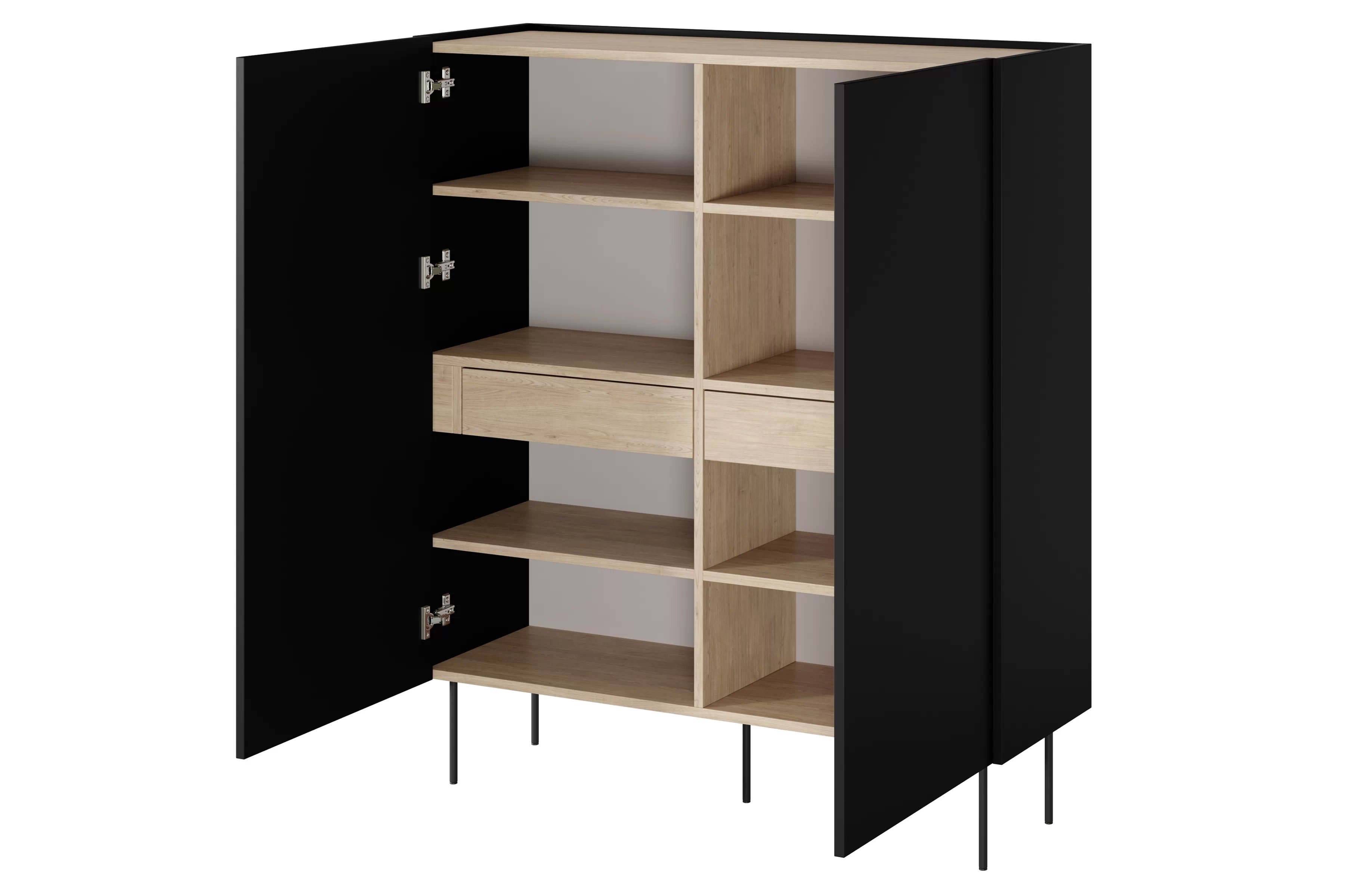 Vysoká komoda Desin 120 cm s 2 skrytými zásuvkami – čierny mat / dub nagano Komoda Desin z ukrytymi zásuvkami i metalowymi nogami 120 cm - Čierny mat / Dub nagano