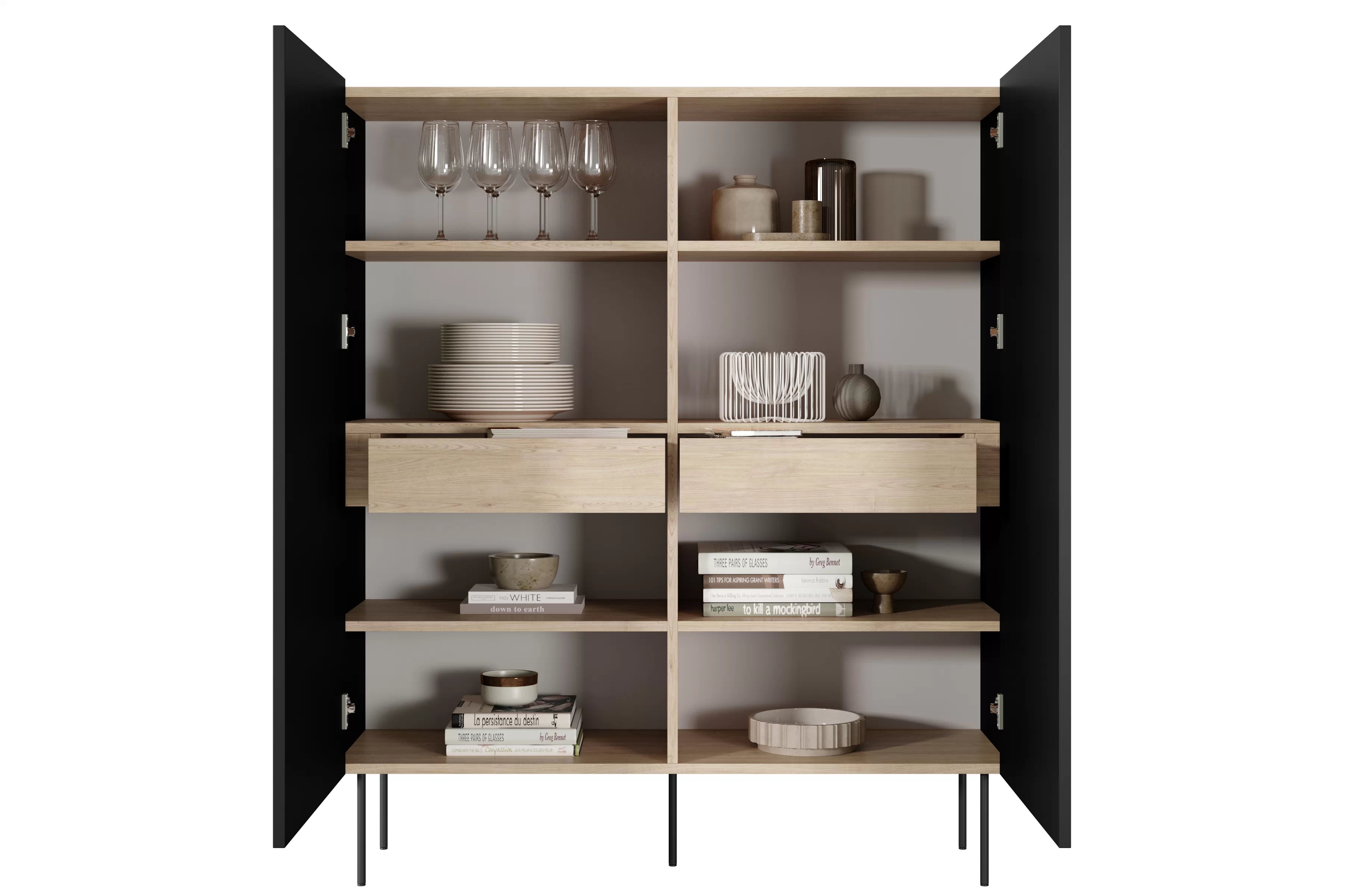 Vysoká komoda Desin 120 cm s 2 skrytými zásuvkami – čierny mat / dub nagano Komoda Desin z ukrytymi zásuvkami i metalowymi nogami 120 cm - Čierny mat / Dub nagano