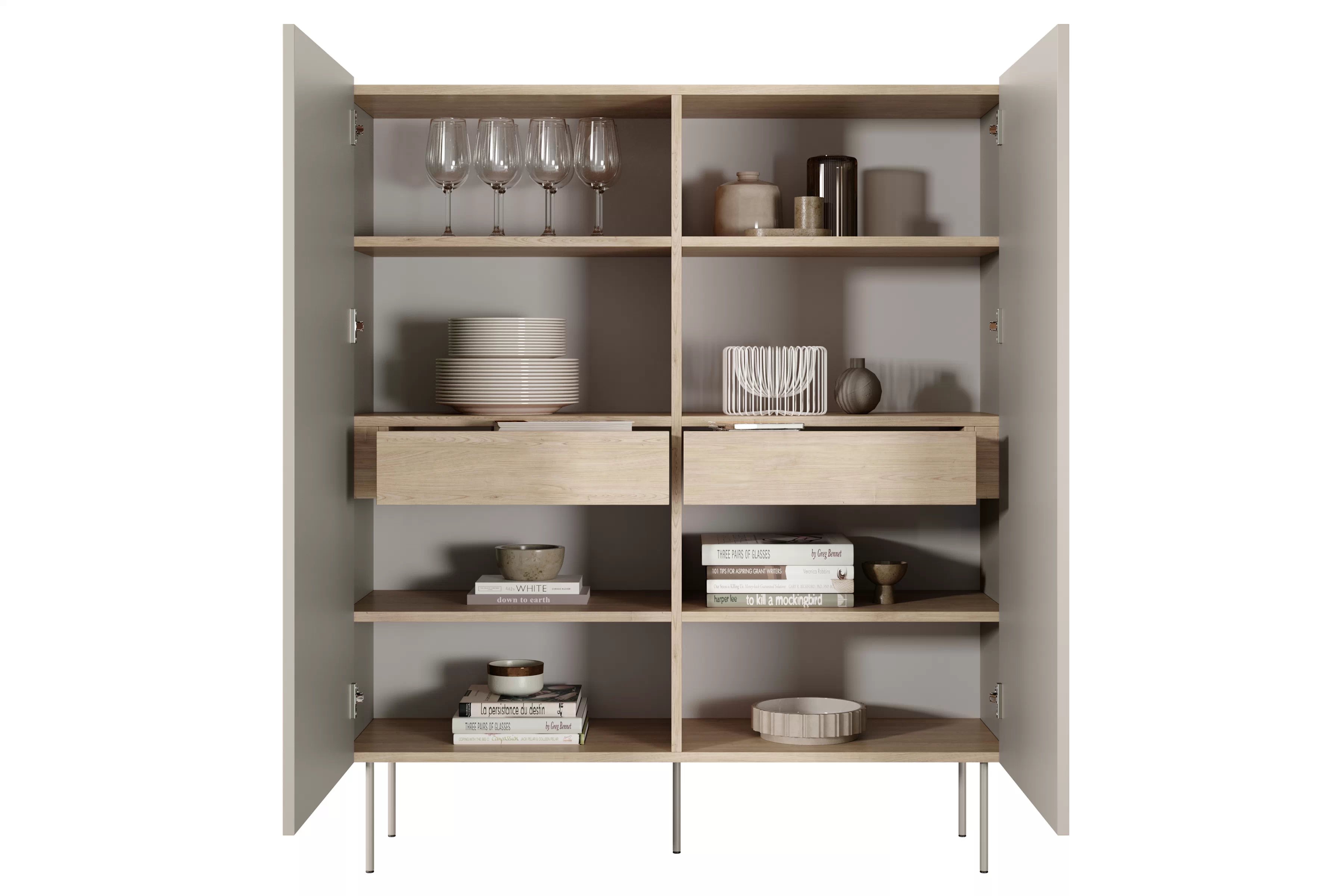 Vysoká komoda Desin 120 cm s 2 skrytými zásuvkami – kašmírová / dub nagano Komoda Desin z ukrytymi zásuvkami i metalowymi nogami 120 cm - kašmír / Dub nagano