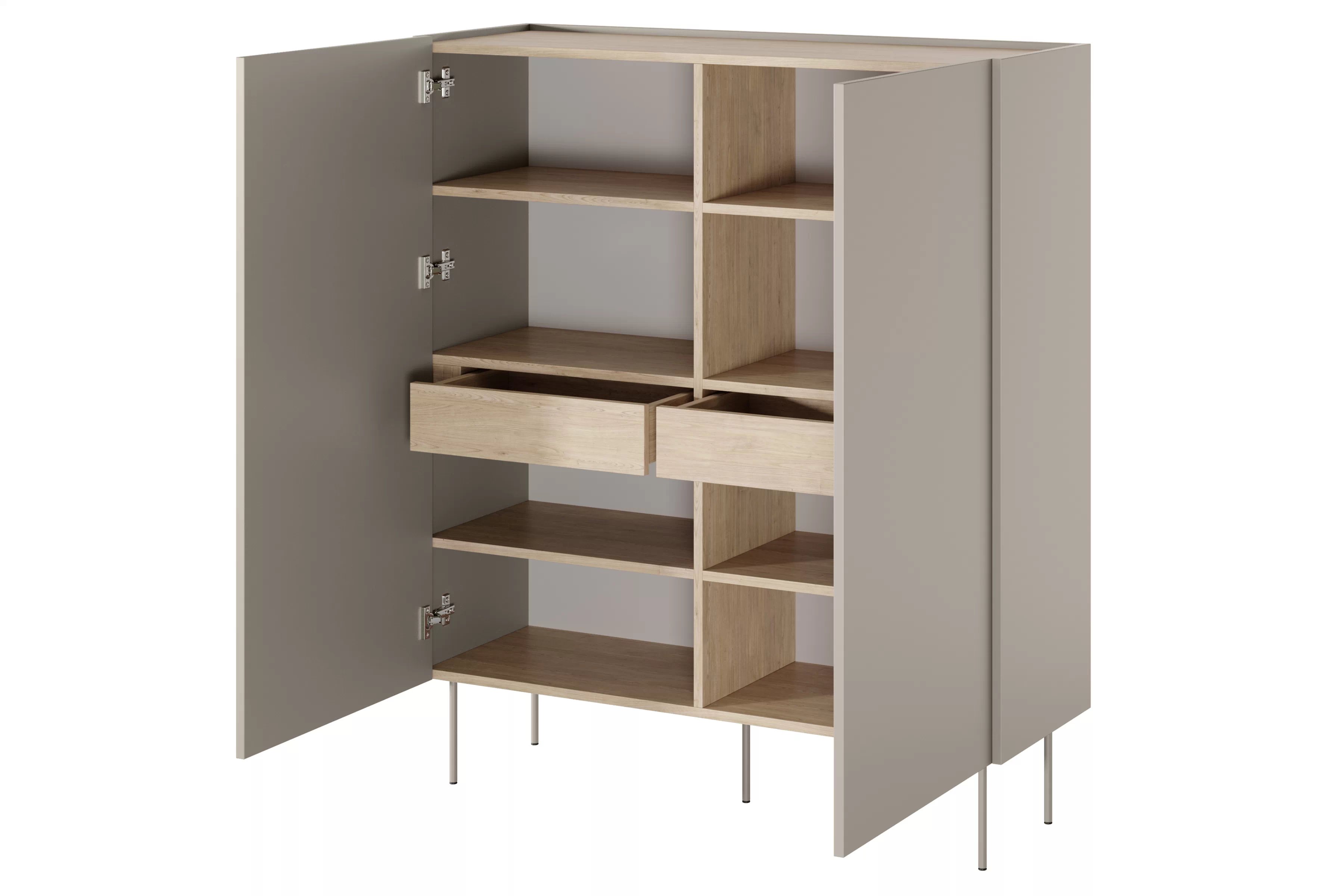 Vysoká komoda Desin 120 cm s 2 skrytými zásuvkami – kašmírová / dub nagano Komoda Desin z ukrytymi zásuvkami i metalowymi nogami 120 cm - kašmír / Dub nagano