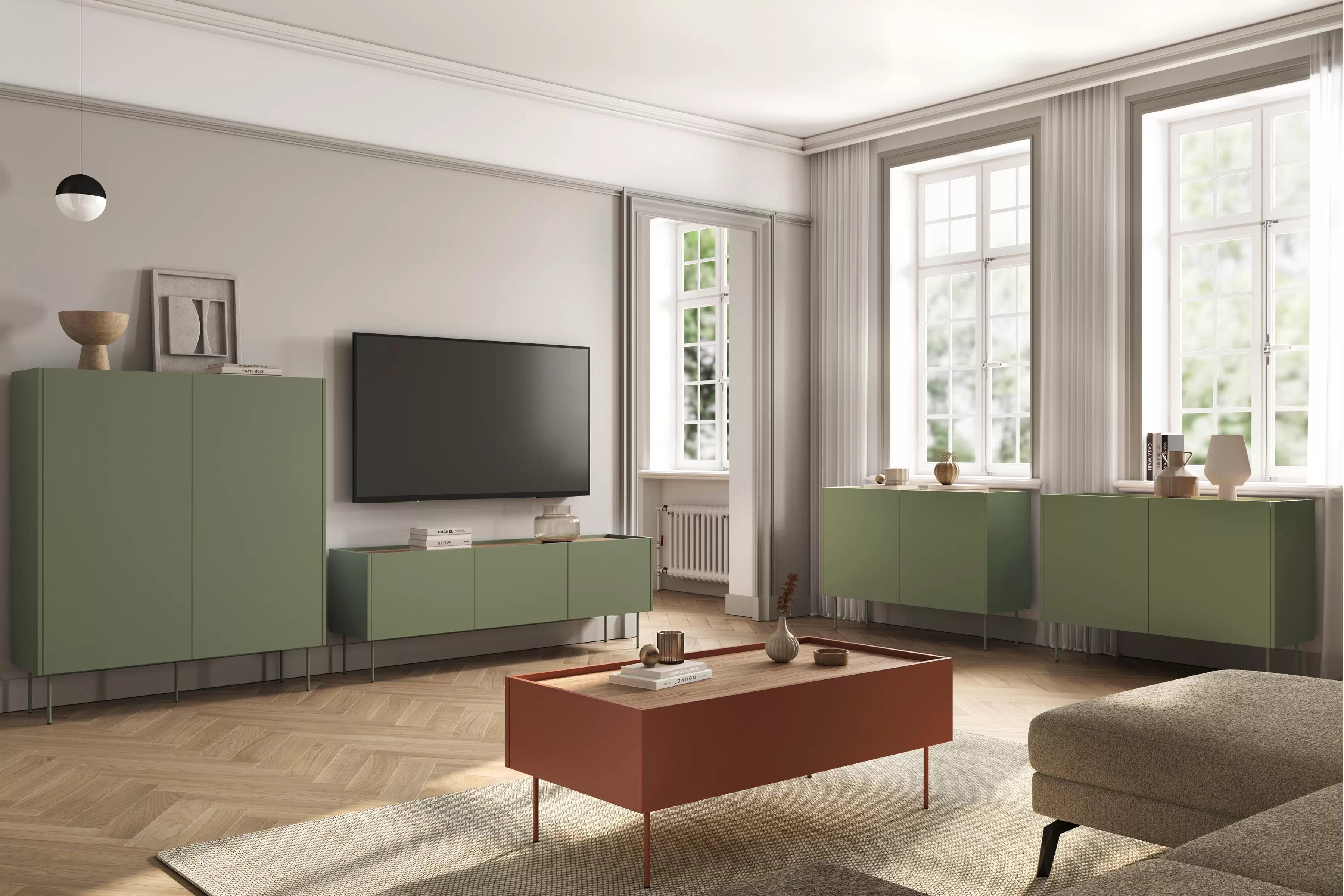 Vysoká komoda Desin 120 cm s 2 skrytými zásuvkami – olivová / dub nagano Komoda Desin z ukrytymi zásuvkami i metalowymi nogami 120 cm - Oliva / Dub nagano