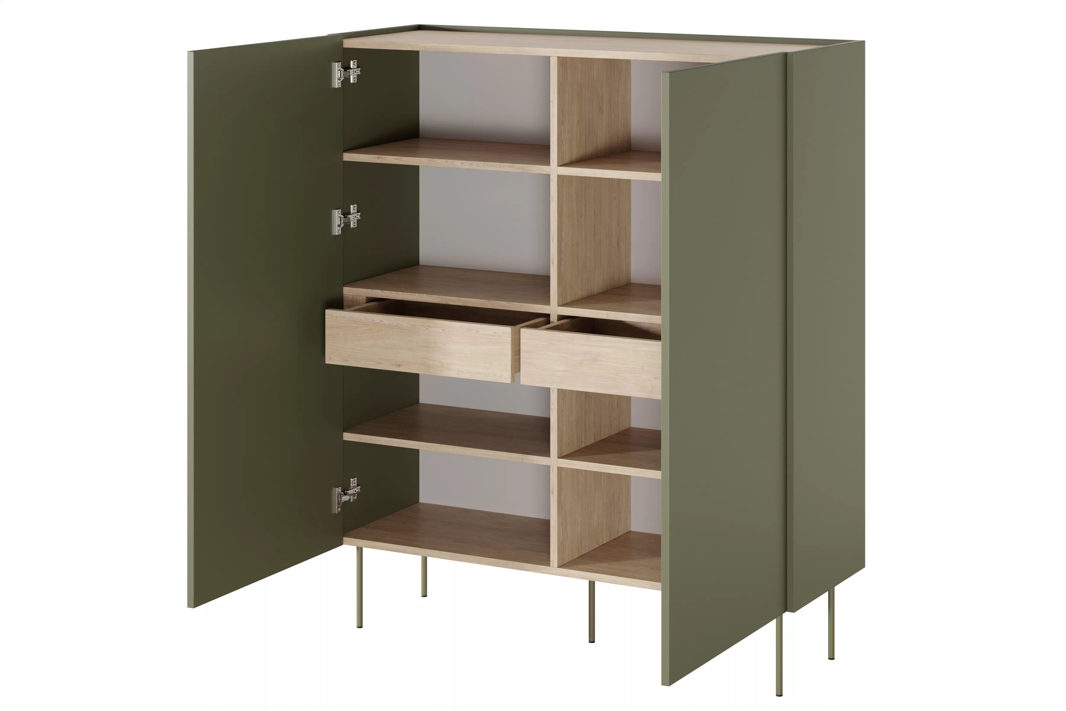Vysoká komoda Desin 120 cm s 2 skrytými zásuvkami – olivová / dub nagano Komoda Desin z ukrytymi zásuvkami i metalowymi nogami 120 cm - Oliva / Dub nagano