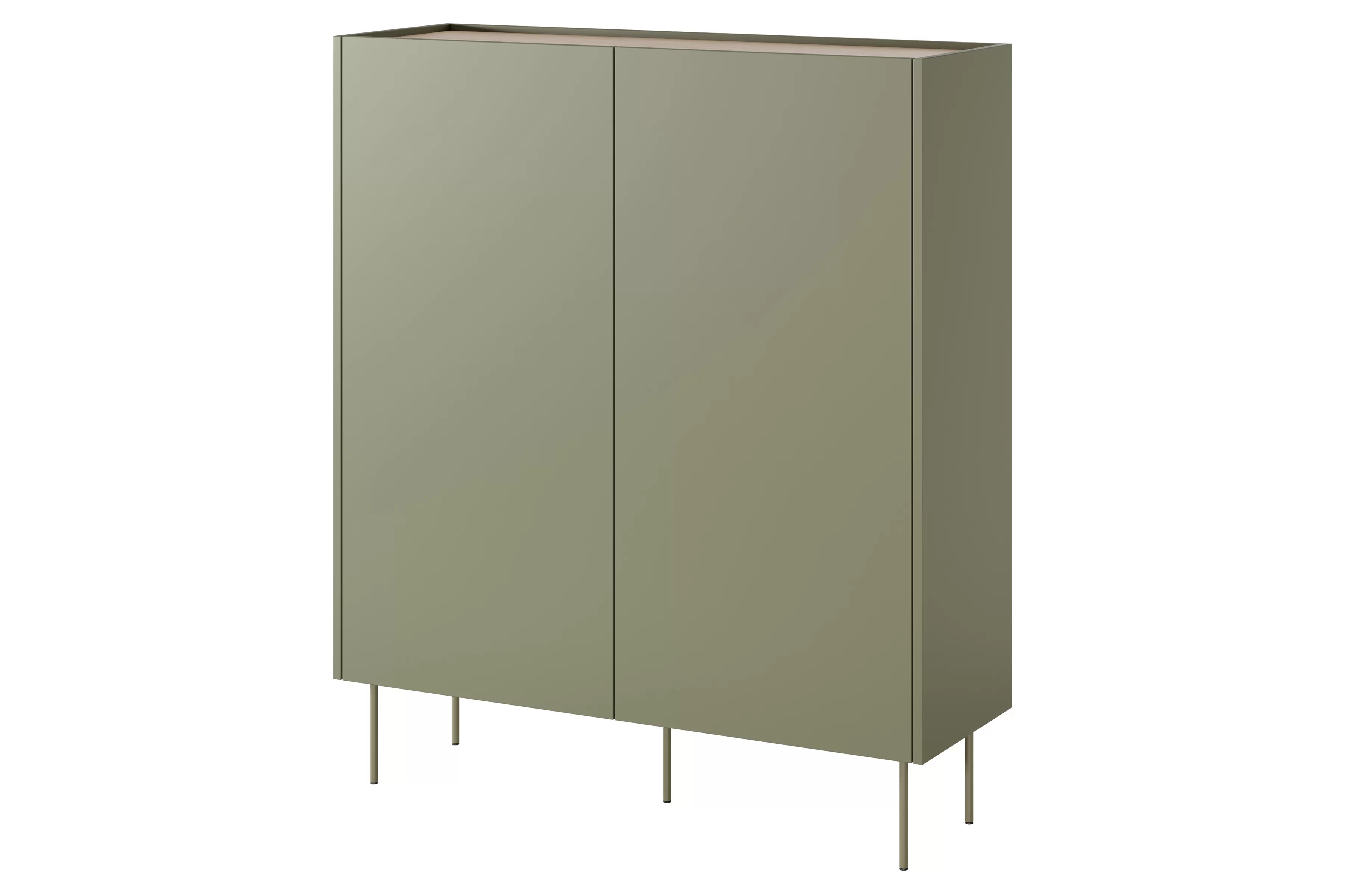 Vysoká komoda Desin 120 cm s 2 skrytými zásuvkami – olivová / dub nagano Komoda wysoka Desin 120 cm z ukrytymi szufladami i metalowymi nogami - oliwka / dąb nagano