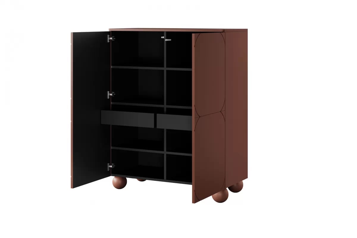 Vysoká komoda Sonatia II 120 cm se dvěma skrytými zásuvkami - burgundská kredenc z policemi