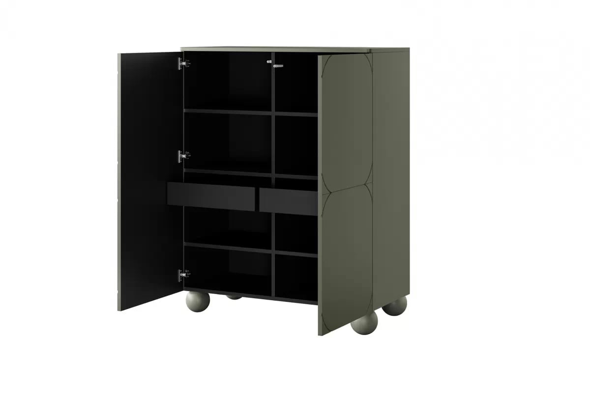 Vysoká komoda Sonatia II 120 cm dvoudveřová se skrytými zásuvkami - olivová Kredenc dvoudveřový z dwoma ukrytymi zásuvkami Sonatia II 120 cm - olivová