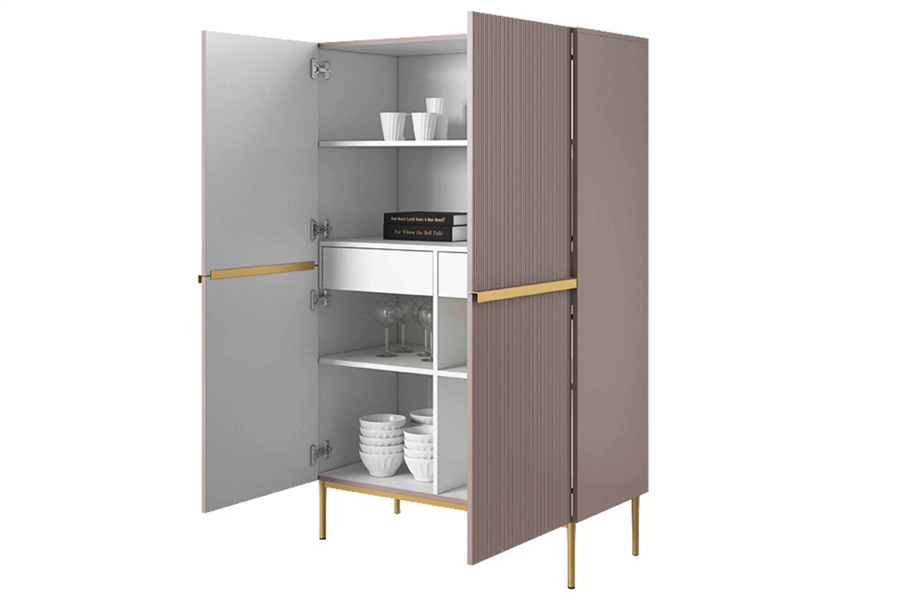 Vysoká komoda Nicole 100 cm – staroružová / zlatá Komoda Nicole 100 cm z metalowymi uchwytami i nogami - antický Ružová / zlote nozki