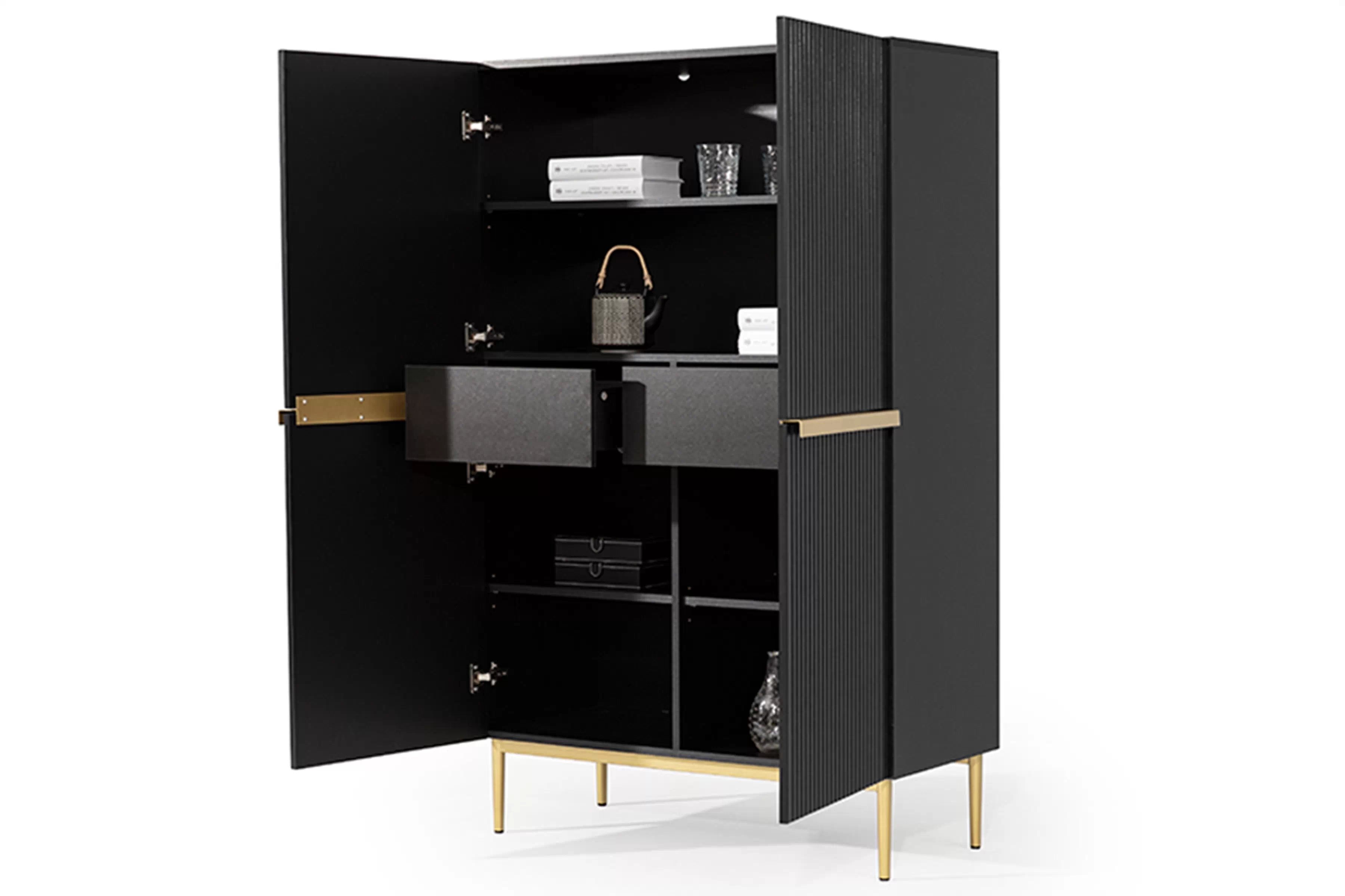 Vysoká komoda Nicole 100 cm - černý mat / zlaté nožky Kredenc Nicole z metalowymi uchwytami i nogami 100 cm - černá mat / zlote nozki