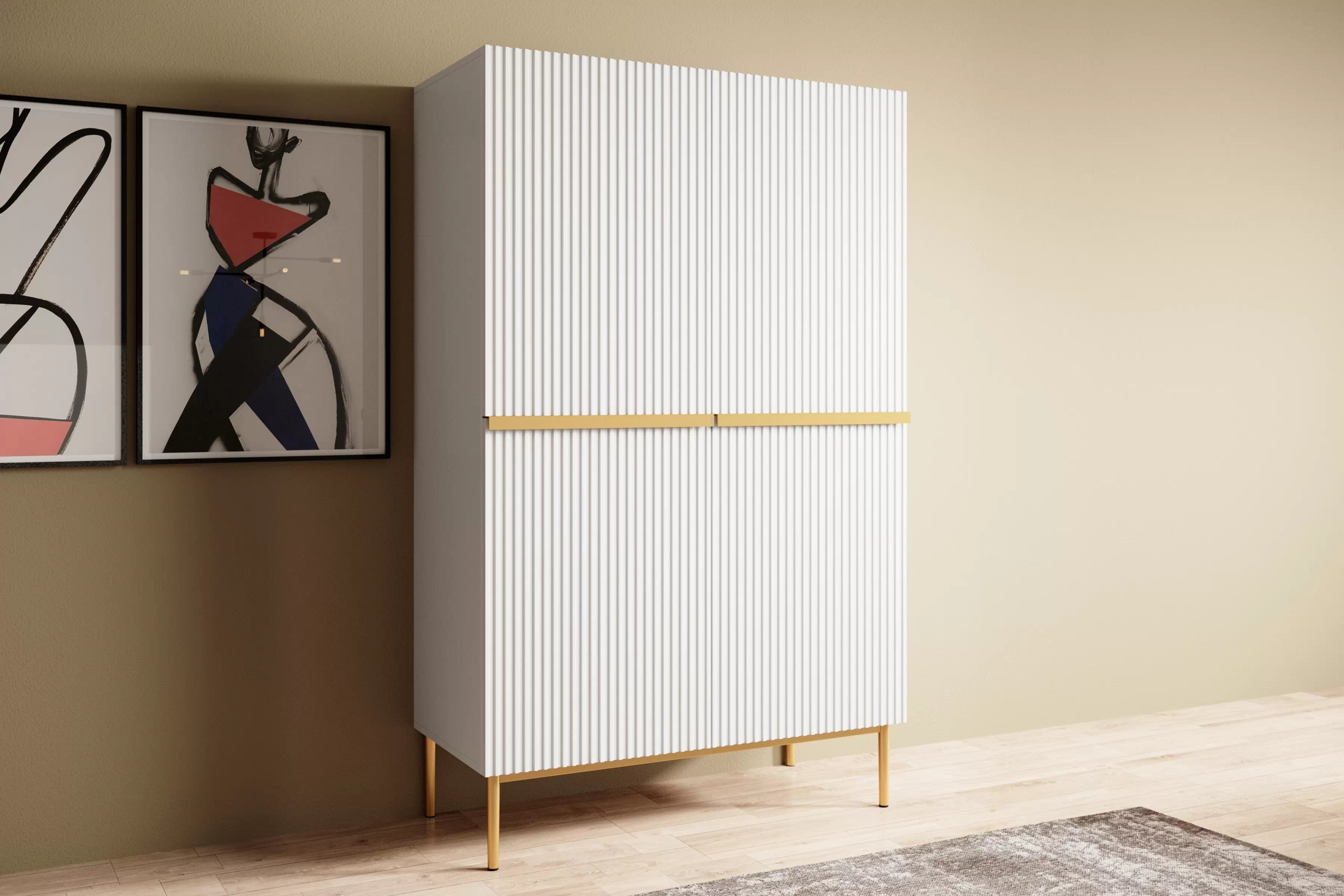 Vysoká komoda Nicole 100 cm - biely mat / zlatá Komoda Nicole z metalowymi uchwytami i nogami 100 cm - biely mat / zlote nozki