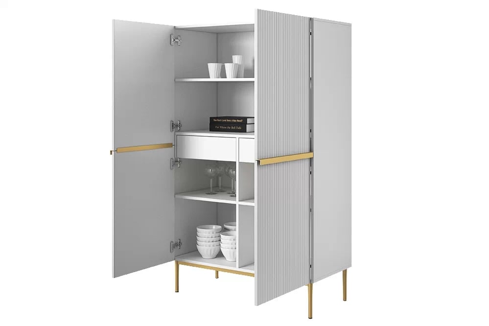 Vysoká komoda Nicole 100 cm - biely mat / zlatá Komoda Nicole z metalowymi uchwytami i nogami 100 cm - biely mat / zlote nozki