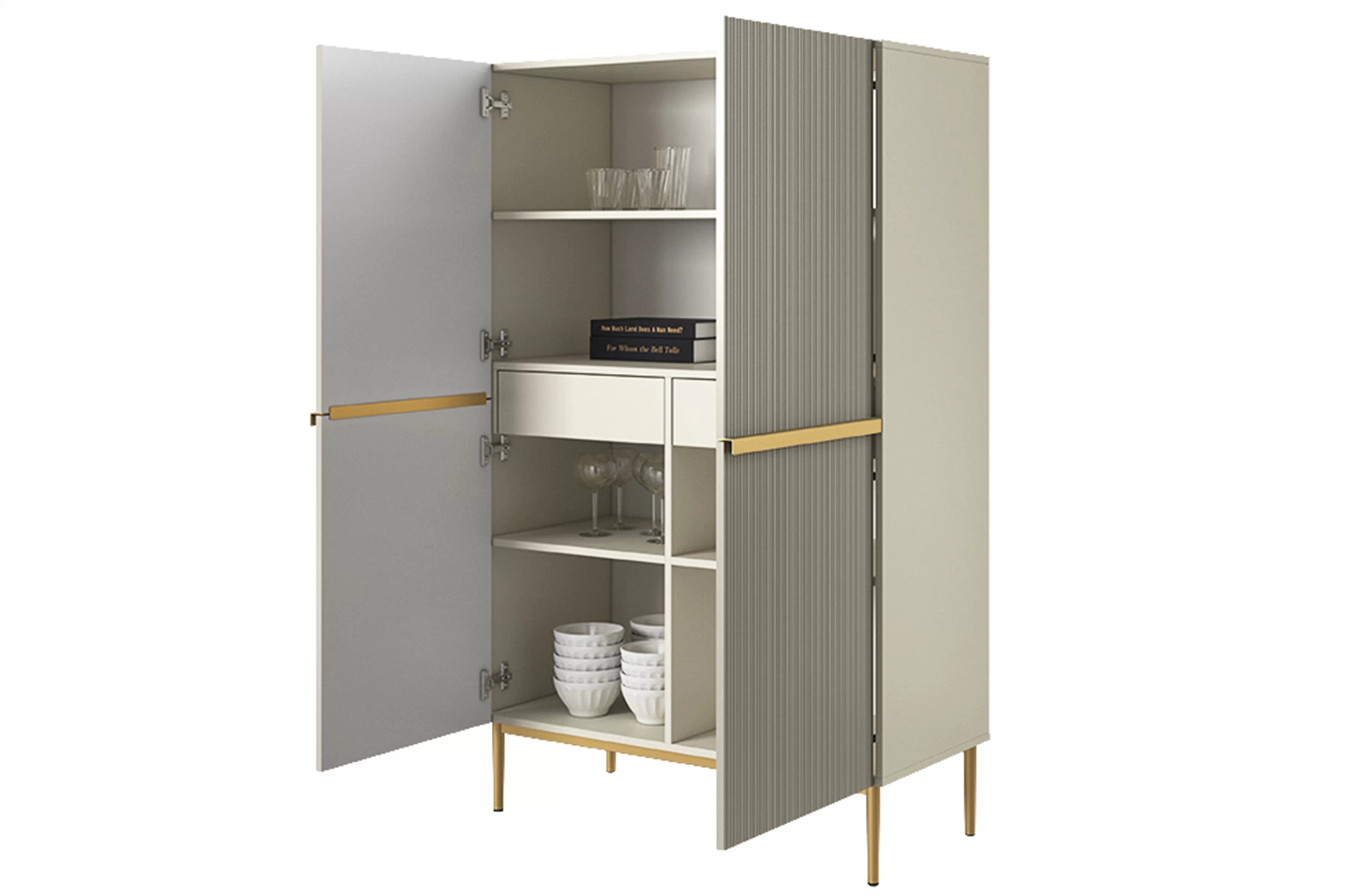 Vysoká komoda Nicole 100 cm – kašmírová / zlatá Komoda Nicole z metalowymi uchwytami i nogami 100 cm - kašmír / zlote nozki