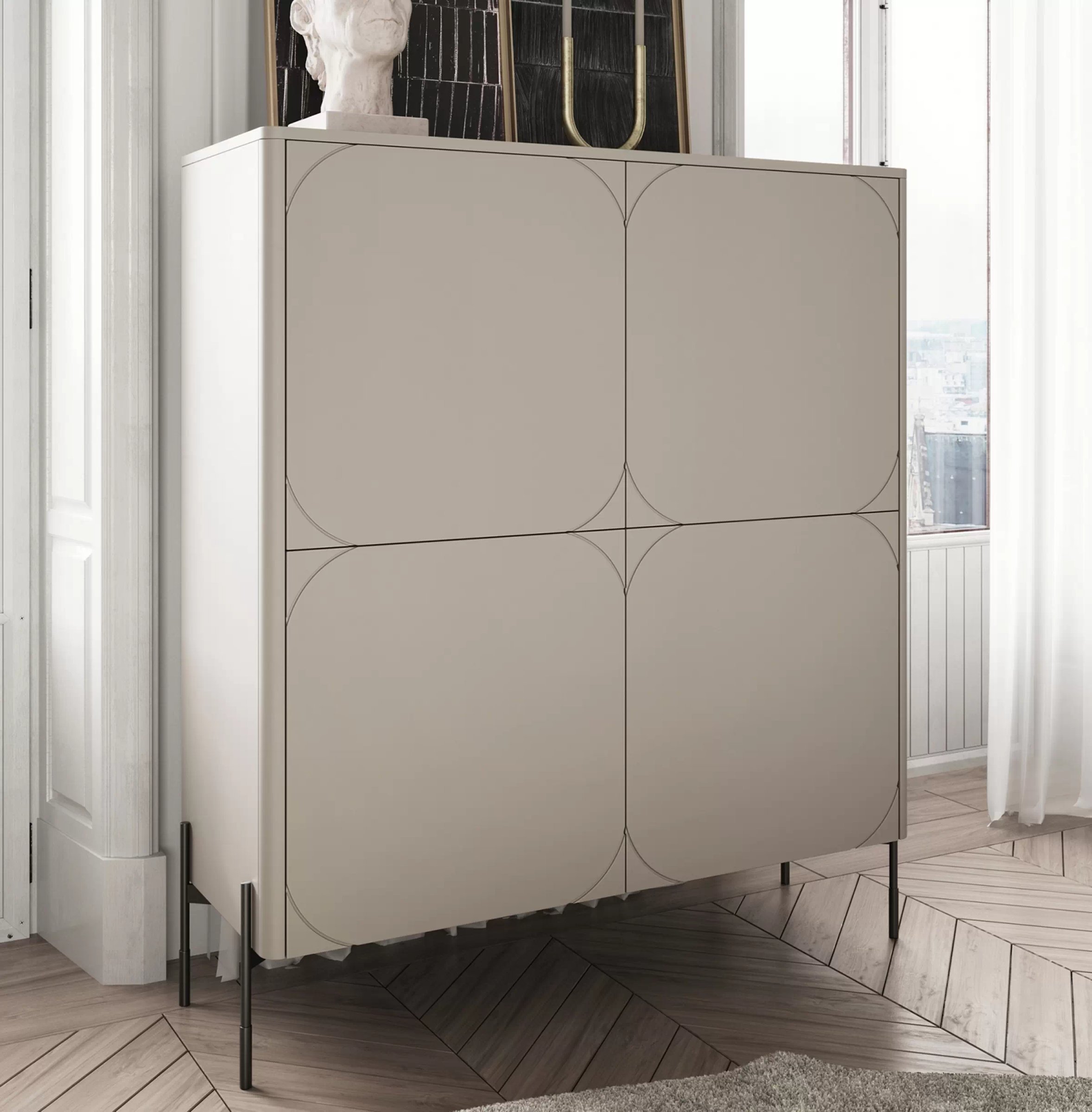 Vysoká komoda Sonatia 120 cm s 2 skrytými zásuvkami – kašmírová Komoda Sonatia 120 cm dvojdverový s dvoma ukrytymi zásuvkami - kašmír